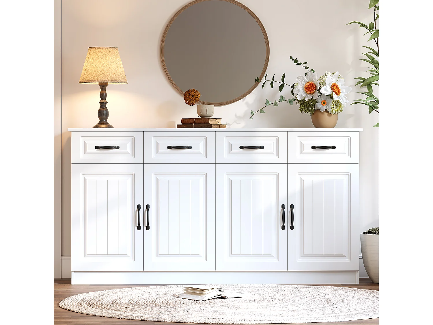 Modernes Sideboard fürs Wohnzimmer – 160 x 35 x 80 cm – mit 4 Schubladen, 4 Türen und 2 Einlegeböden – MDF – weiß