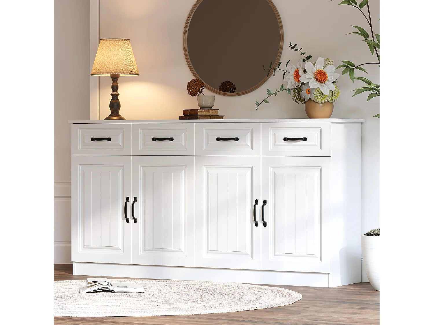 Modernes Sideboard fürs Wohnzimmer – 160 x 35 x 80 cm – mit 4 Schubladen, 4 Türen und 2 Einlegeböden – MDF – weiß