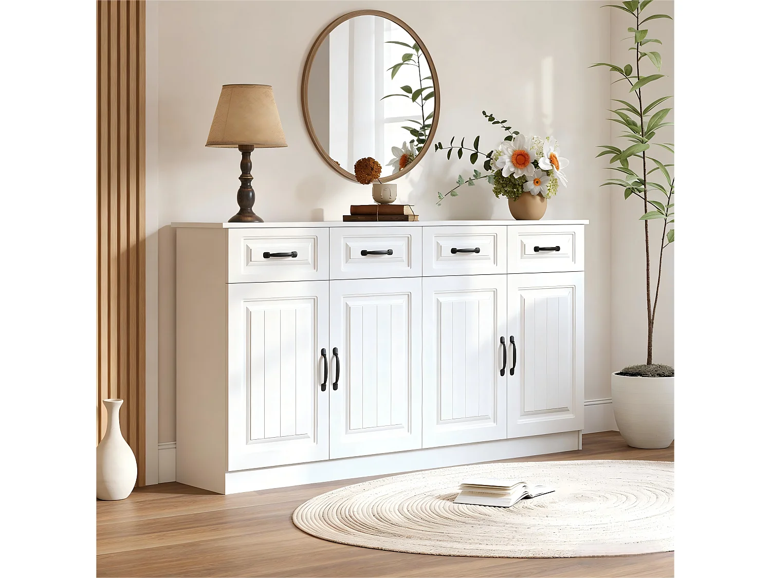 Modernes Sideboard fürs Wohnzimmer – 160 x 35 x 80 cm – mit 4 Schubladen, 4 Türen und 2 Einlegeböden – MDF – weiß