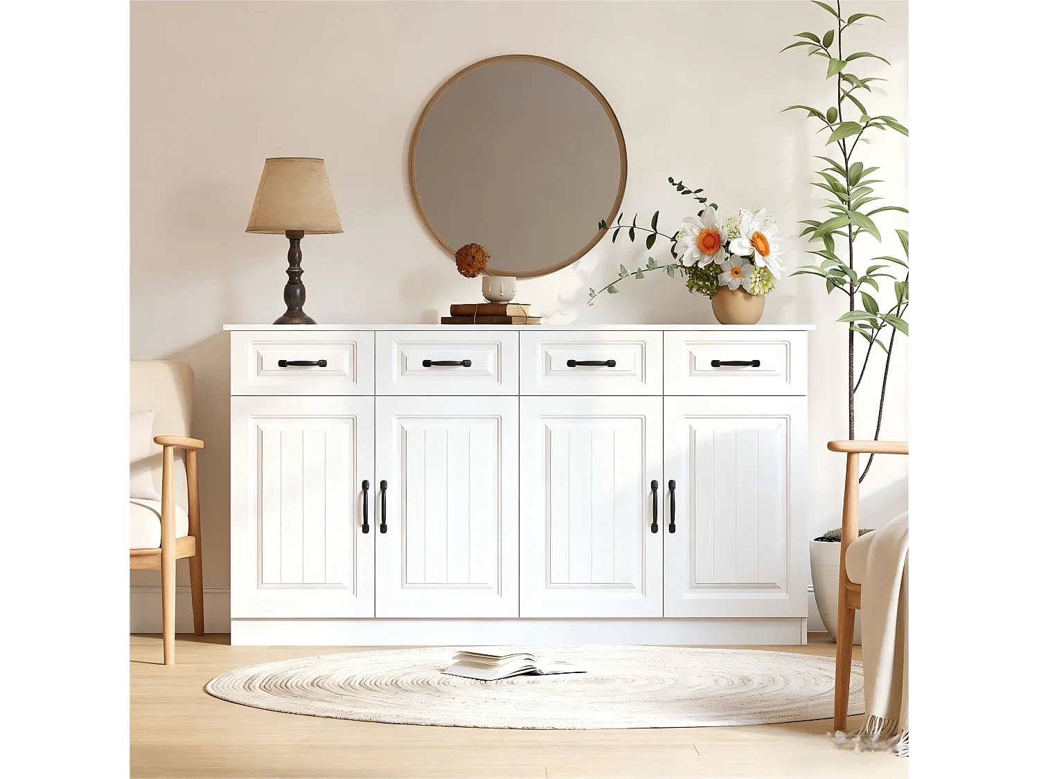 Modernes Sideboard fürs Wohnzimmer – 160 x 35 x 80 cm – mit 4 Schubladen, 4 Türen und 2 Einlegeböden – MDF – weiß