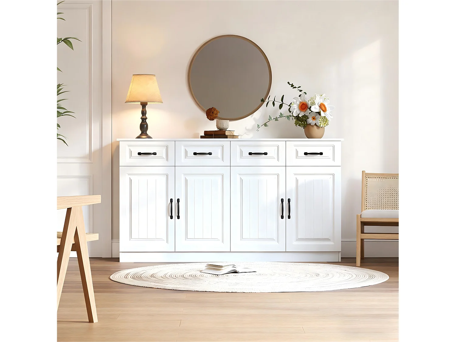 Modernes Sideboard fürs Wohnzimmer – 160 x 35 x 80 cm – mit 4 Schubladen, 4 Türen und 2 Einlegeböden – MDF – weiß