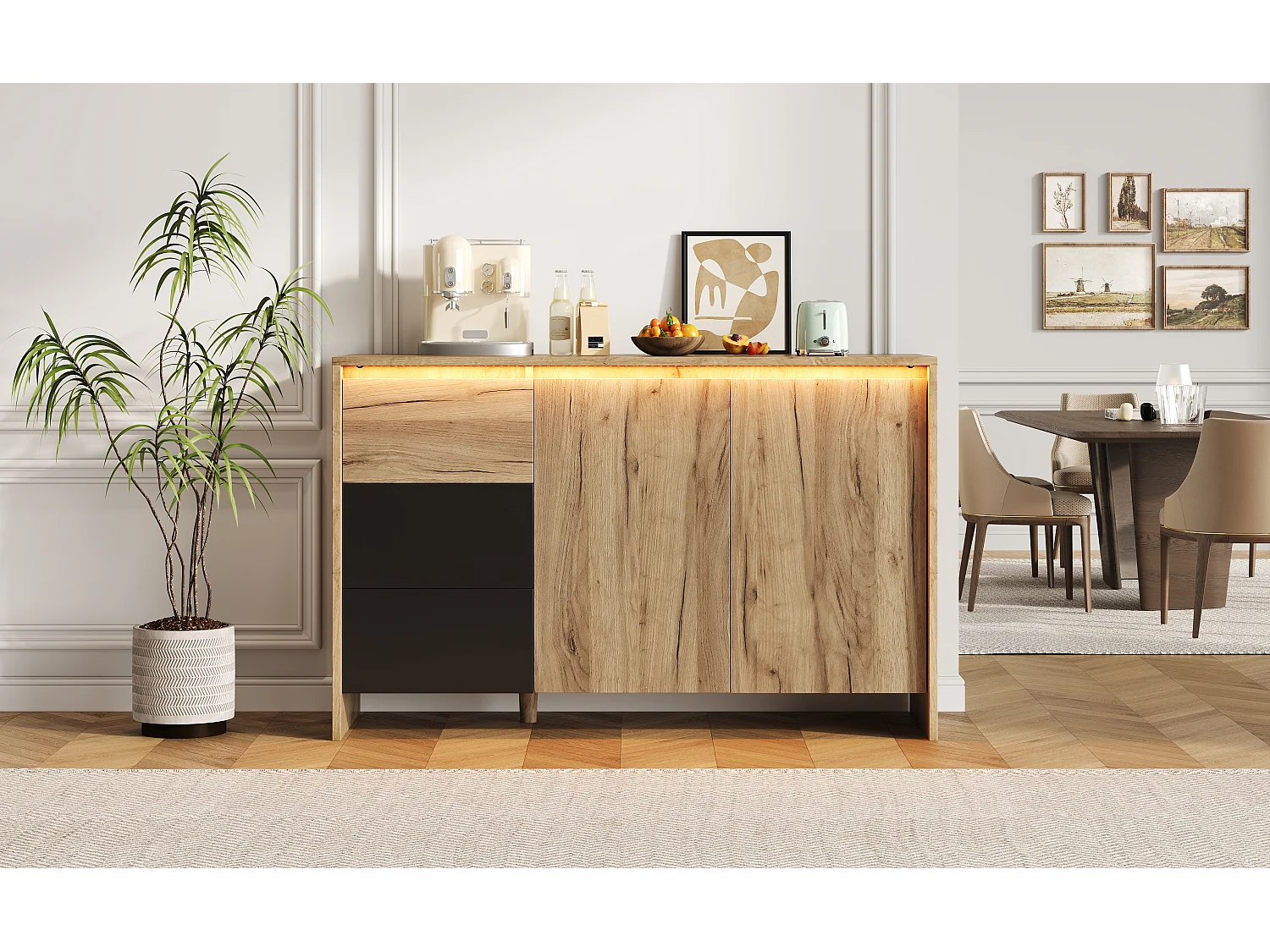Buffet avec 3 tiroirs et 2 portes, LED - Finition bois et noir 120 x 40 x 76 cm