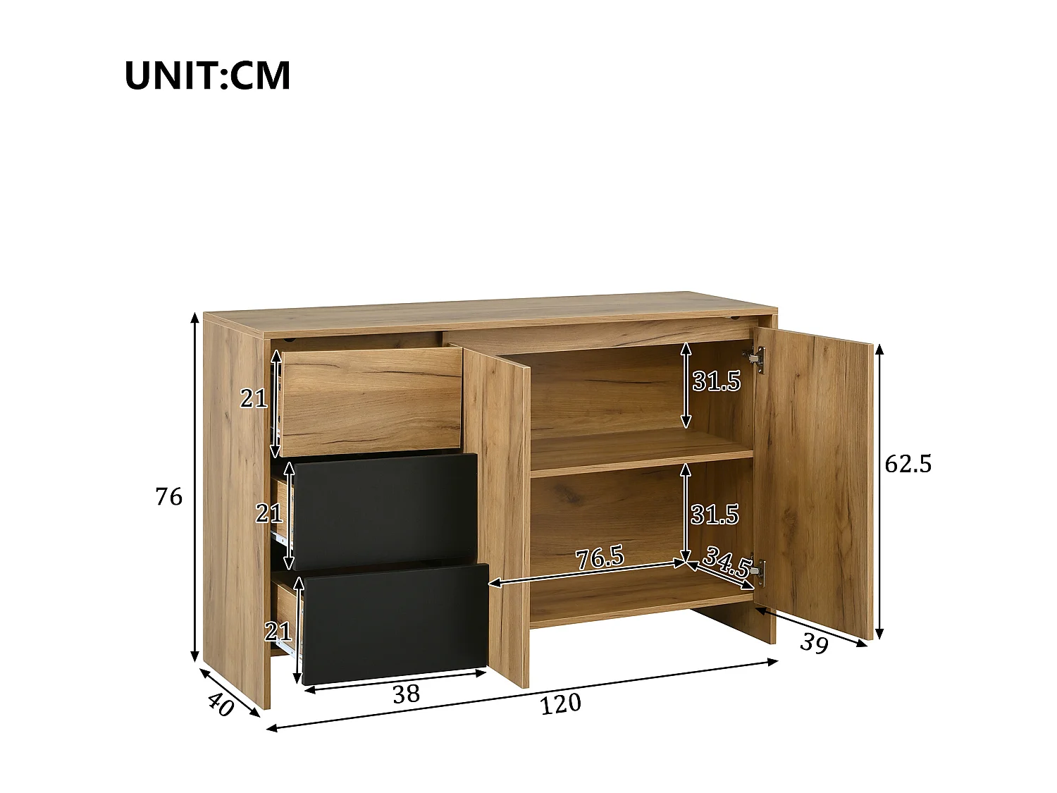 Buffet avec 3 tiroirs et 2 portes, LED - Finition bois et noir 120 x 40 x 76 cm