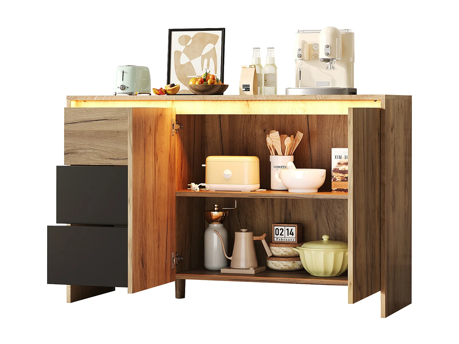 Buffet avec 3 tiroirs et 2 portes, LED - Finition bois et noir 120 x 40 x 76 cm