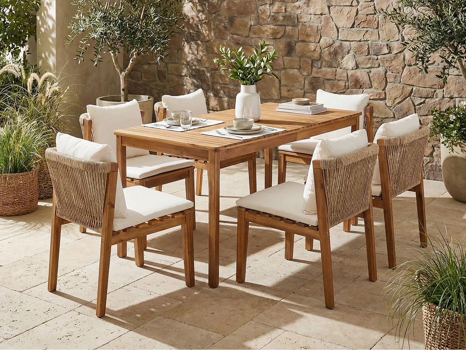 Zestaw jadalniany do ogrodu dla 6 osób - 1 stół i 6 krzeseł - Blat i rama z litego drewna - Khaki i beżowy