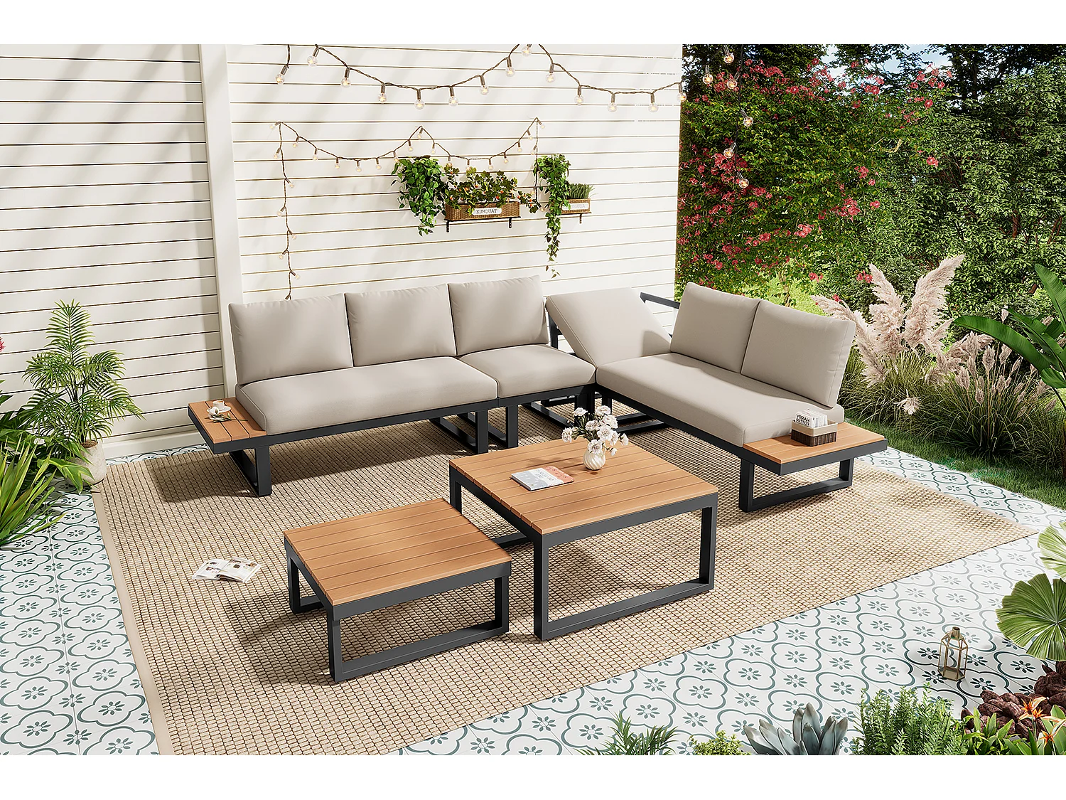 Salon de jardin modulable inclinable 5 positions jusqu’à 55° - 2 table et canapés - Beige + noir