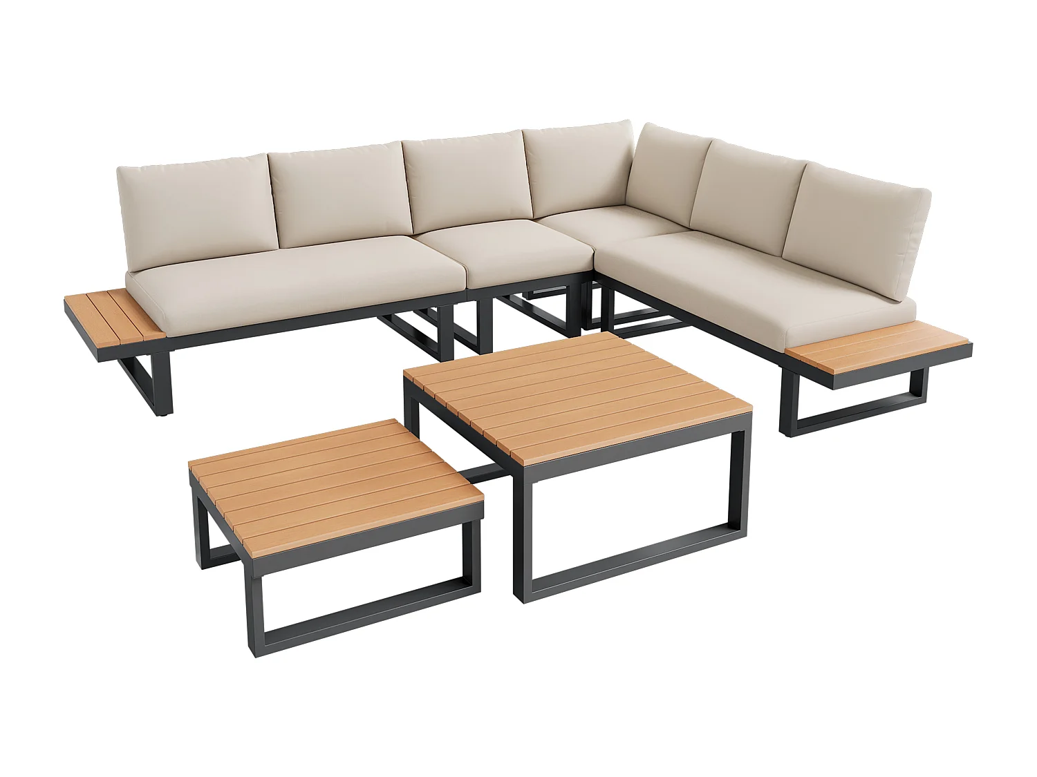 Salon de jardin modulable inclinable 5 positions jusqu’à 55° - 2 table et canapés - Beige + noir