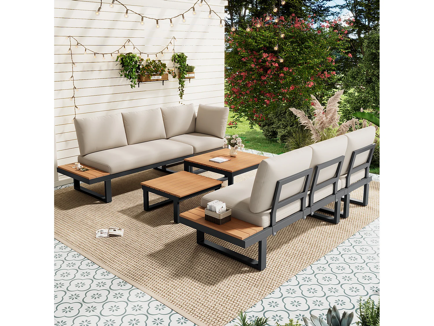 Salon de jardin modulable inclinable 5 positions jusqu’à 55° - 2 table et canapés - Beige + noir