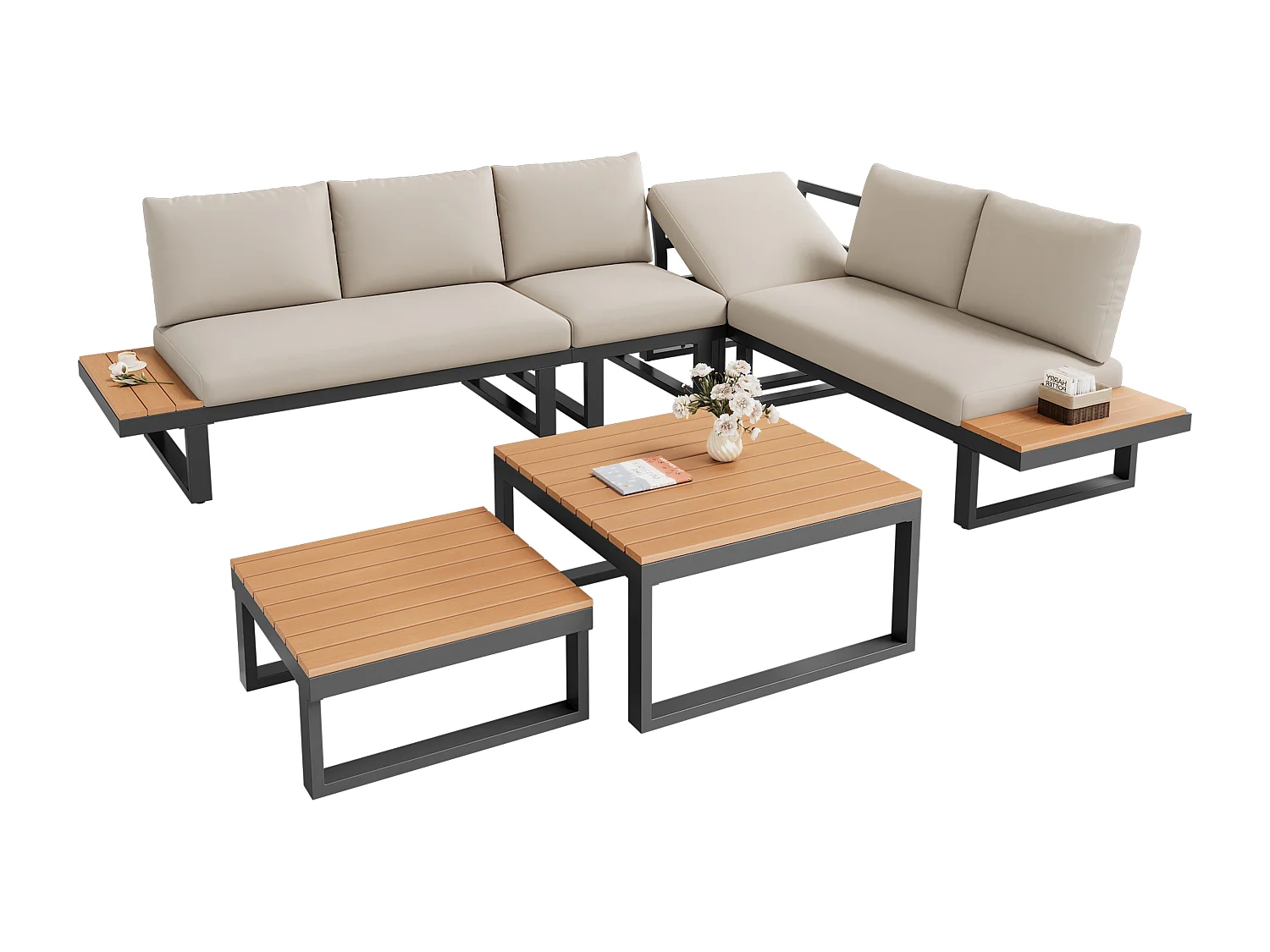 Salon de jardin modulable inclinable 5 positions jusqu’à 55° - 2 table et canapés - Beige + noir