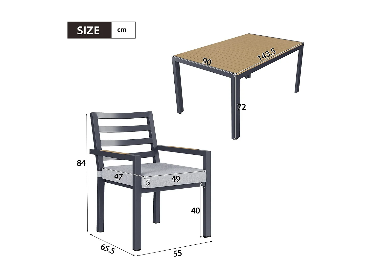 Ensemble de salle à manger de jardin pour 6 places - 1 table et 6 chaises - Fer galvanisé, plateau en composite bois-plastique - Gris