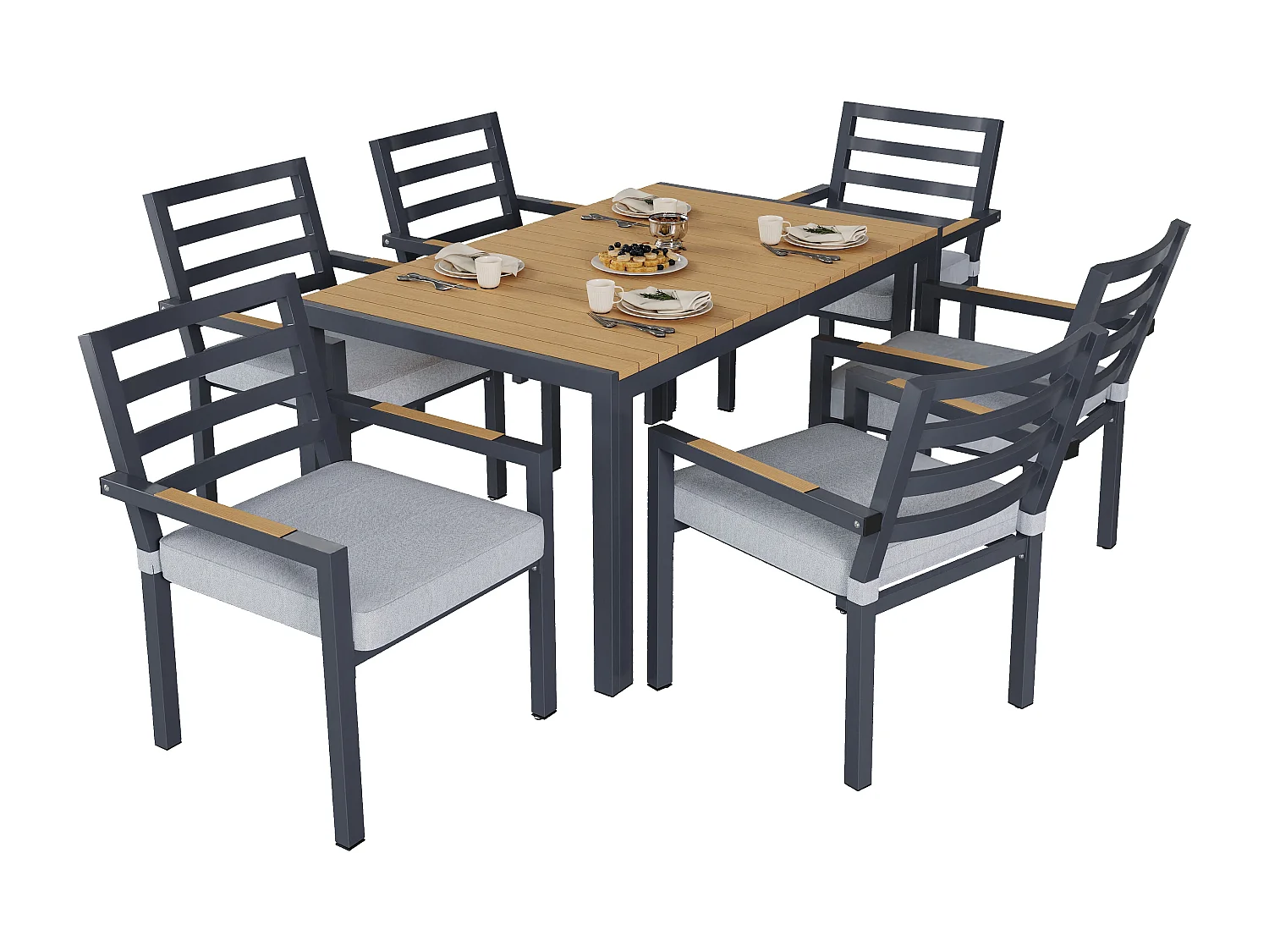 Ensemble de salle à manger de jardin pour 6 places - 1 table et 6 chaises - Fer galvanisé, plateau en composite bois-plastique - Gris