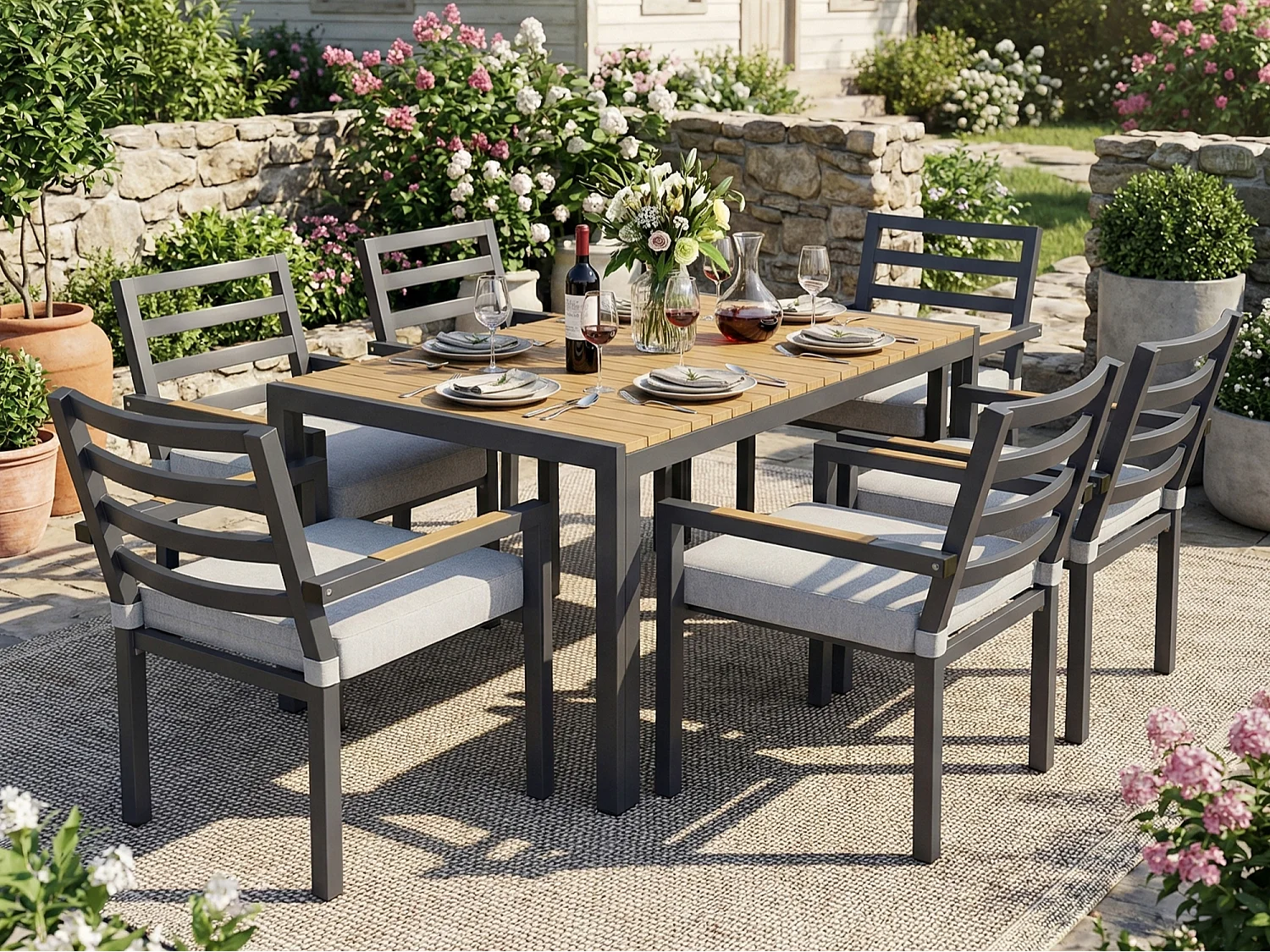 Ensemble de salle à manger de jardin pour 6 places - 1 table et 6 chaises - Fer galvanisé, plateau en composite bois-plastique - Gris