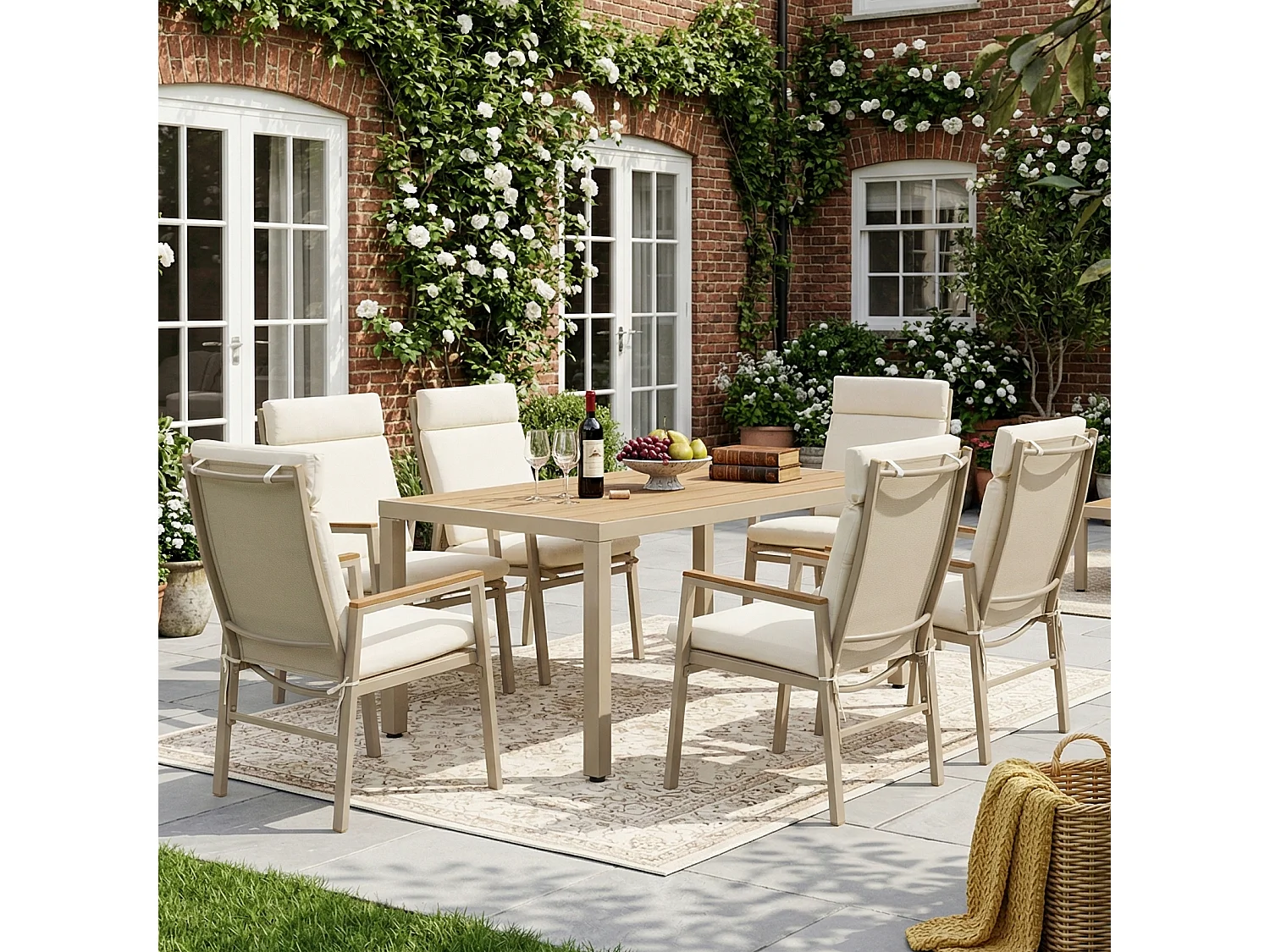 Ensemble de salle à manger de jardin pour 6 places - 1 table et 6 chaises - Fer galvanisé, plateau en composite bois-plastique - Kaki et beige