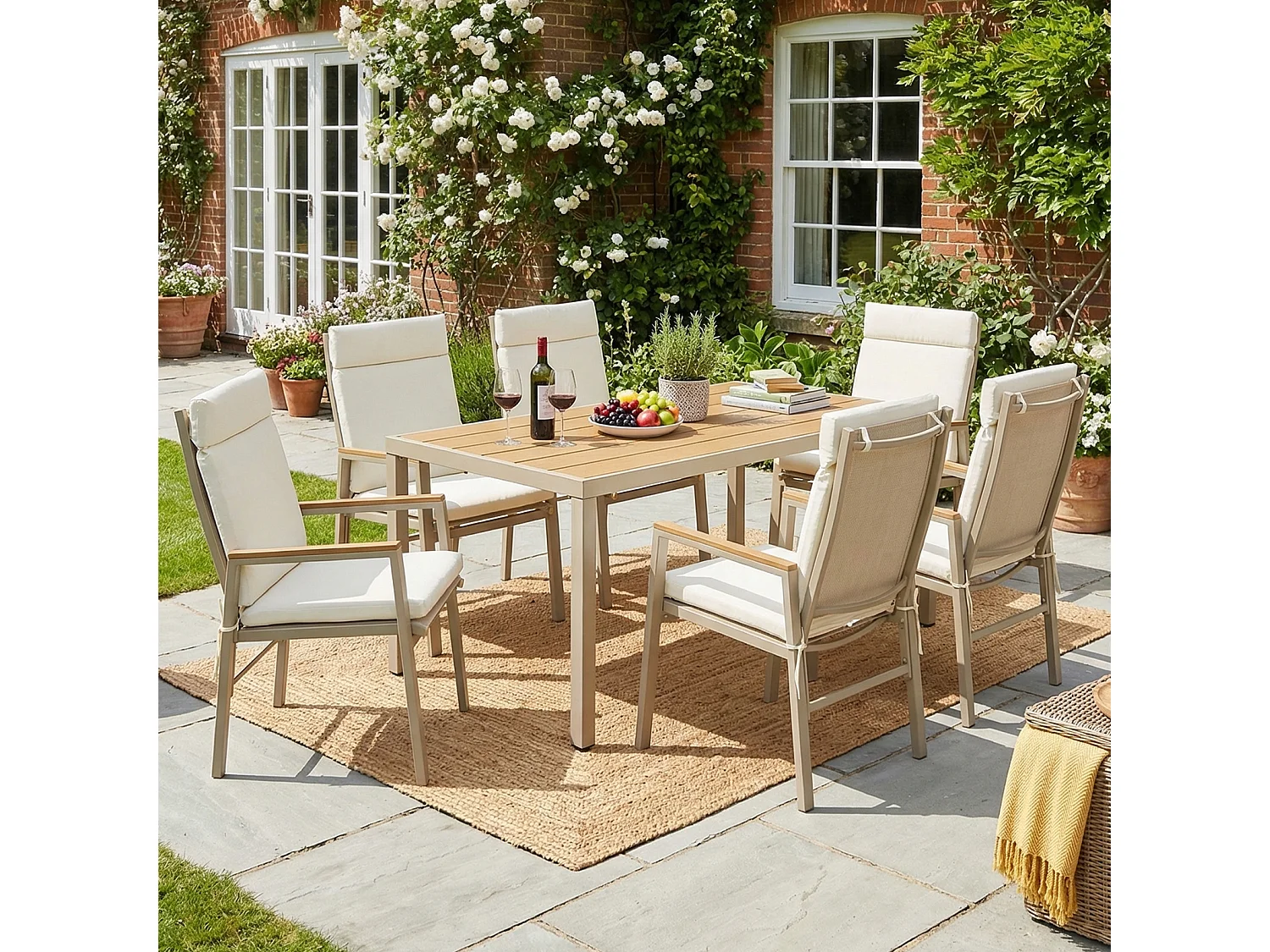 Ensemble de salle à manger de jardin pour 6 places - 1 table et 6 chaises - Fer galvanisé, plateau en composite bois-plastique - Kaki et beige