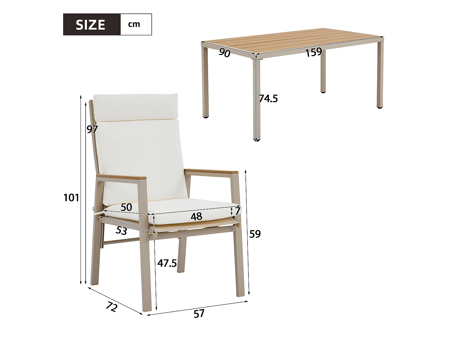 Ensemble de salle à manger de jardin pour 6 places - 1 table et 6 chaises - Fer galvanisé, plateau en composite bois-plastique - Kaki et beige