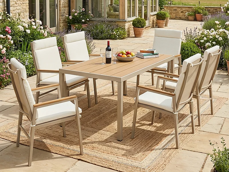Tuin eetset voor 6 personen - 1 tafel en 6 stoelen - Gegalvaniseerd staal, tafelblad van hout-kunststof composiet - Khaki en beige