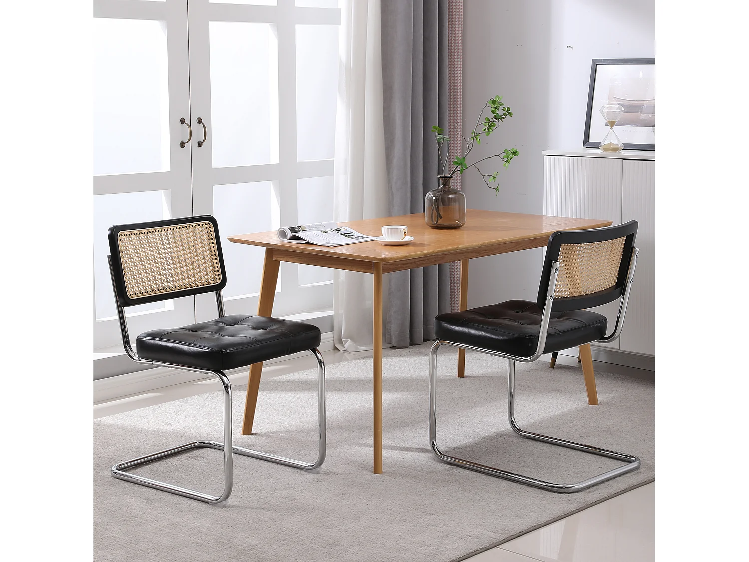 Lot de 2 chaises en rotin en simili cuir PU, pieds en métal - Noir