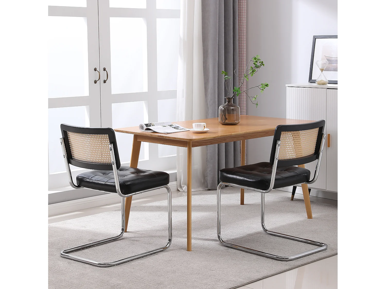 Lot de 2 chaises en rotin en simili cuir PU, pieds en métal - Noir