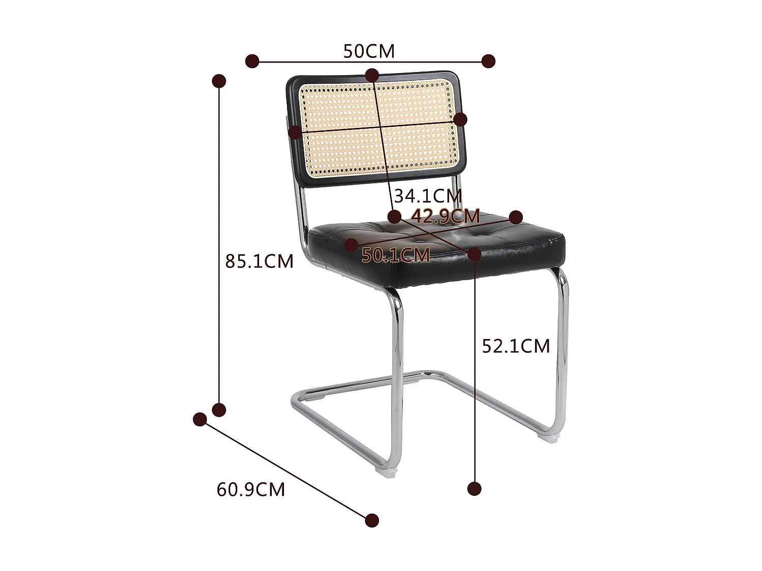 Lot de 2 chaises en rotin en simili cuir PU, pieds en métal - Noir