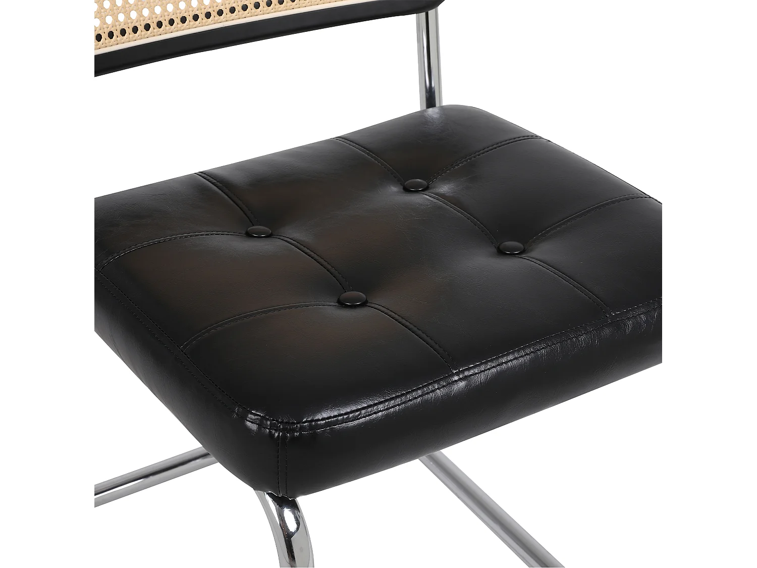 Lot de 2 chaises en rotin en simili cuir PU, pieds en métal - Noir