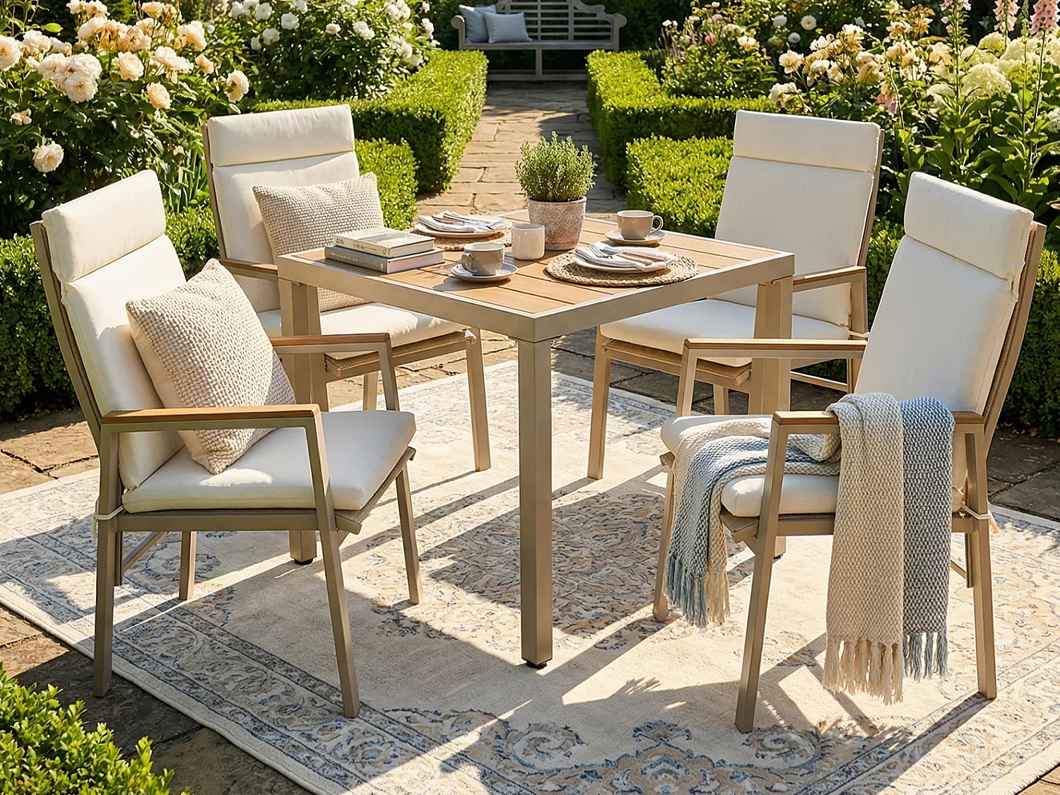 Zestaw jadalniany do ogrodu dla 4 osób - 1 stół i 4 krzesła - Stal ocynkowana, blat kompozytowy drewno-plastik - Khaki i beżowy