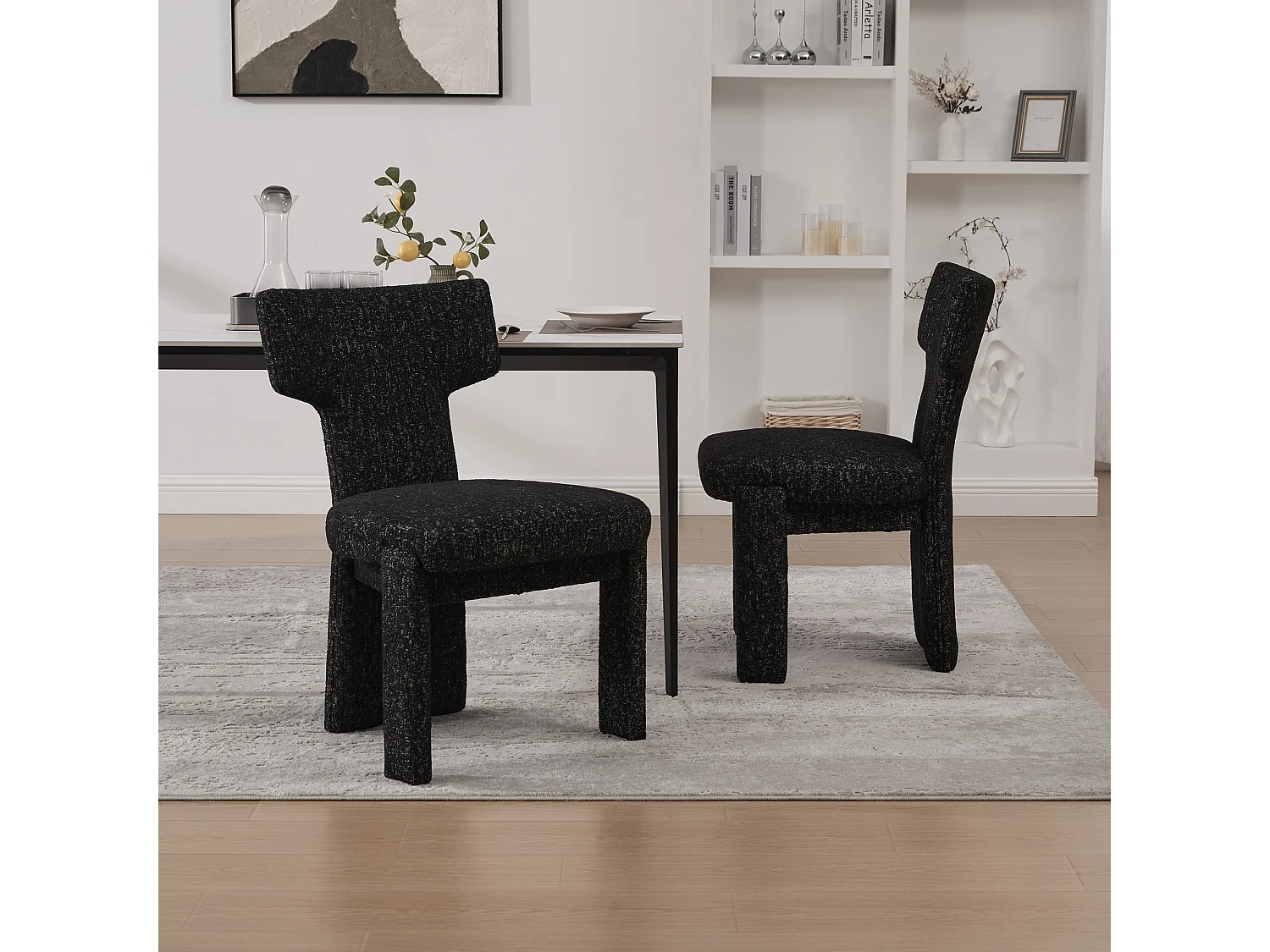 Lot de 2 chaises en chenille avec pieds en hévéa - Noir et gris