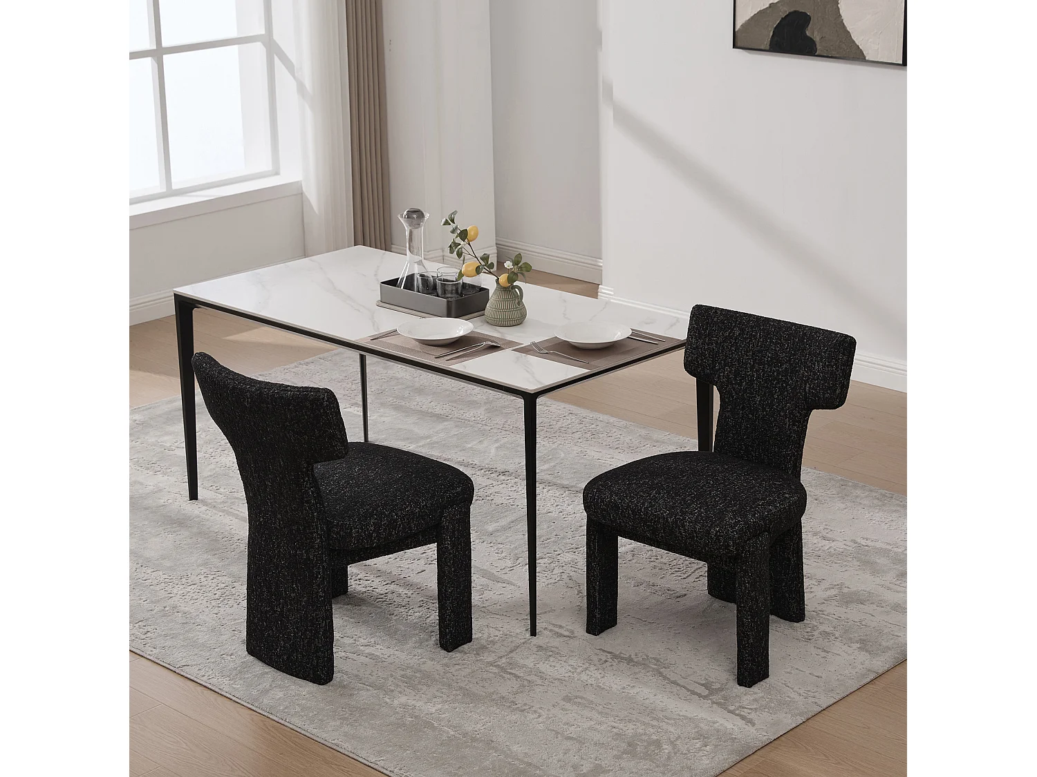 Lot de 2 chaises en chenille avec pieds en hévéa - Noir et gris