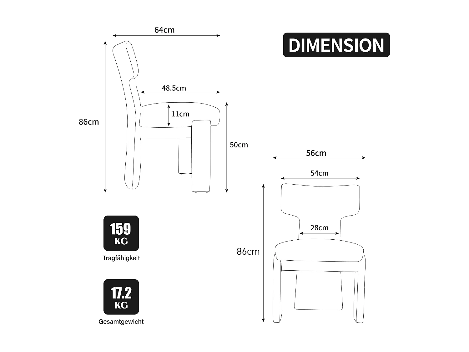 Lot de 2 chaises en chenille avec pieds en hévéa - Noir et gris