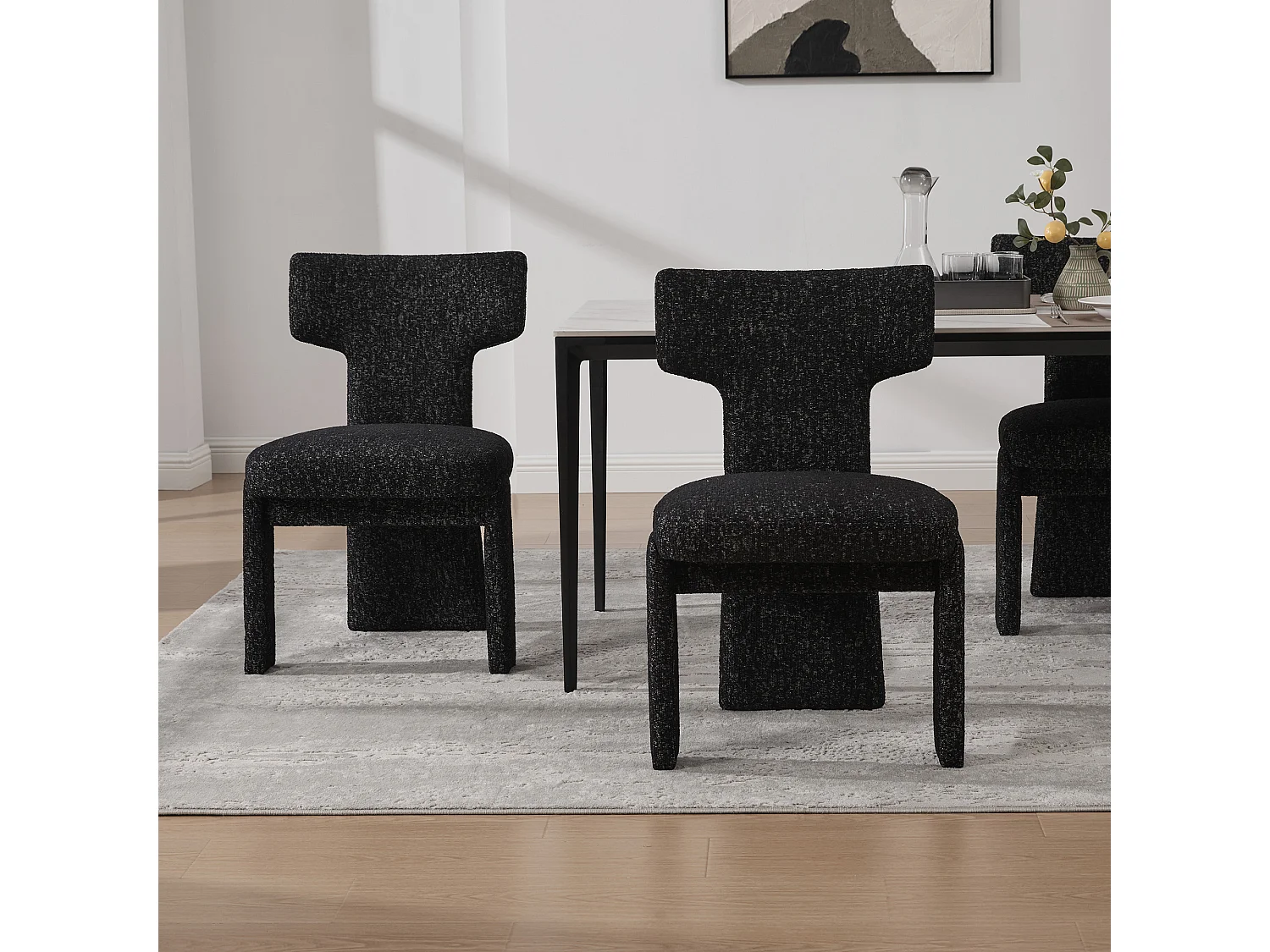 Lot de 2 chaises en chenille avec pieds en hévéa - Noir et gris