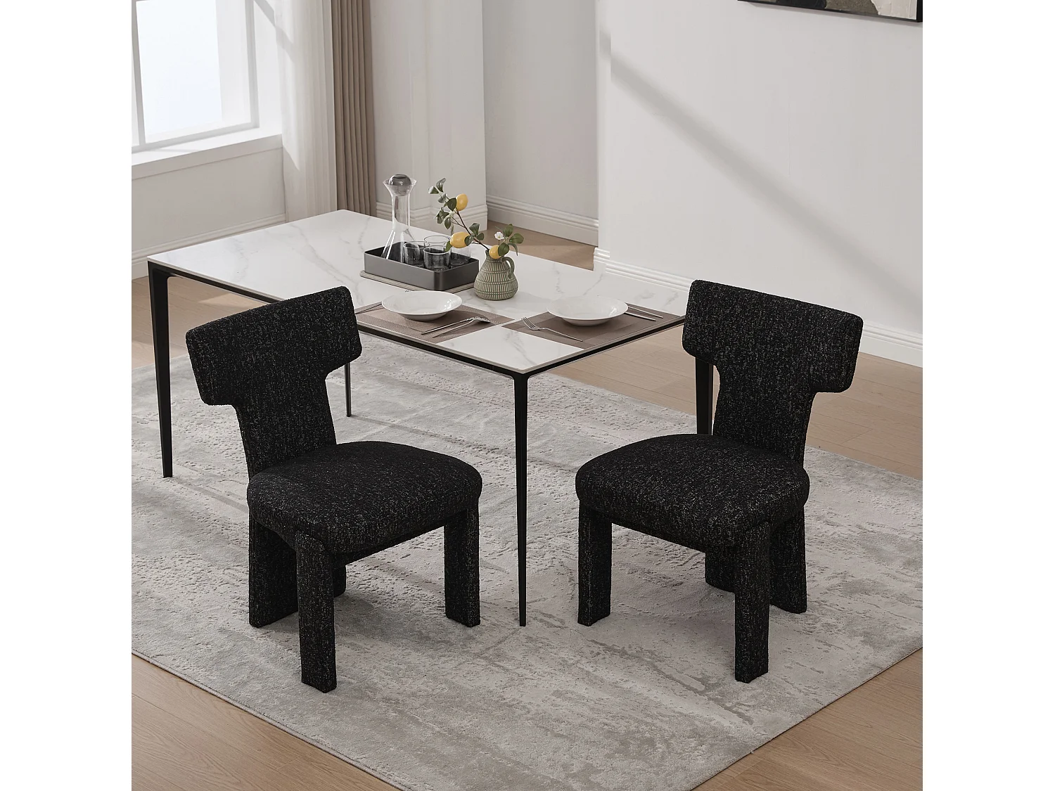 Lot de 2 chaises en chenille avec pieds en hévéa - Noir et gris