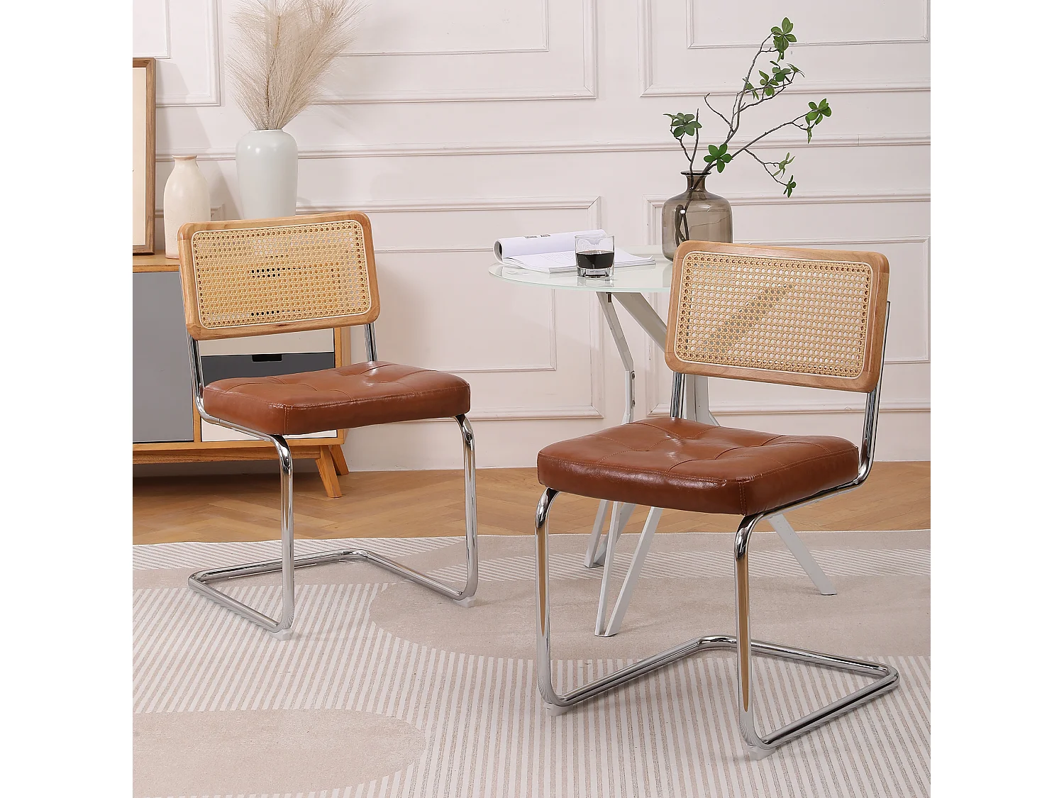 Lot de 2 chaises en rotin en simili cuir PU, pieds en métal - Marron