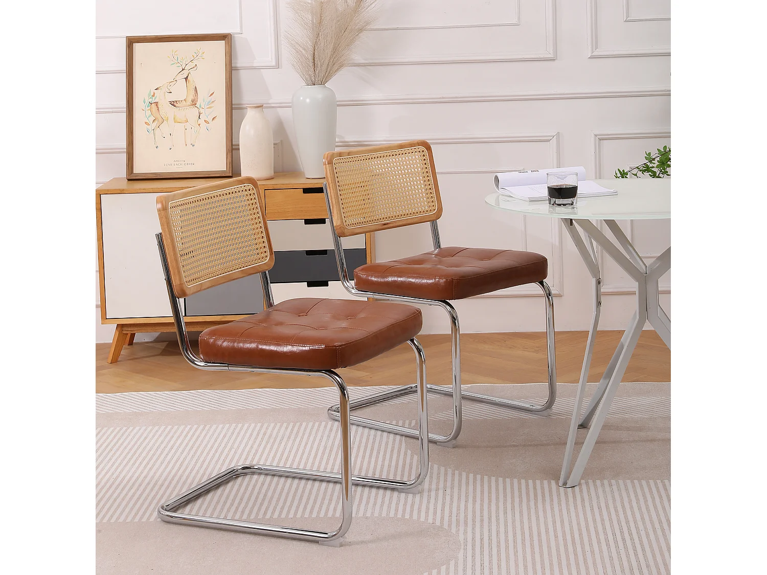 Lot de 2 chaises en rotin en simili cuir PU, pieds en métal - Marron