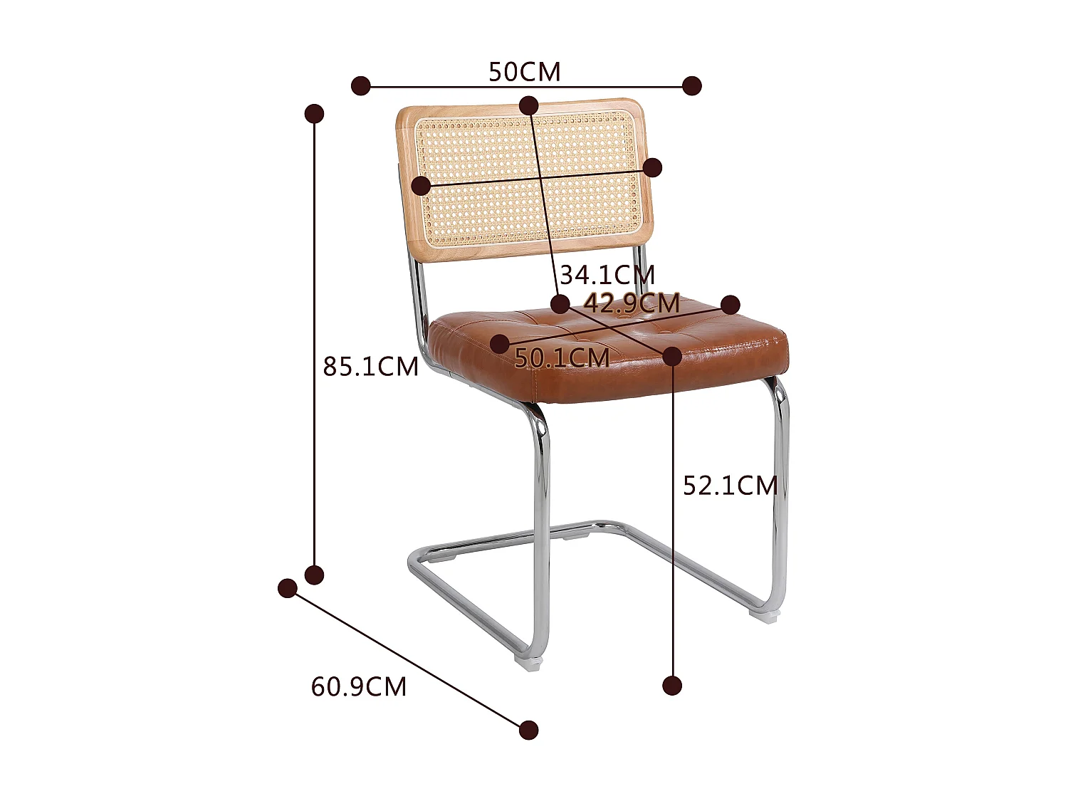 Lot de 2 chaises en rotin en simili cuir PU, pieds en métal - Marron