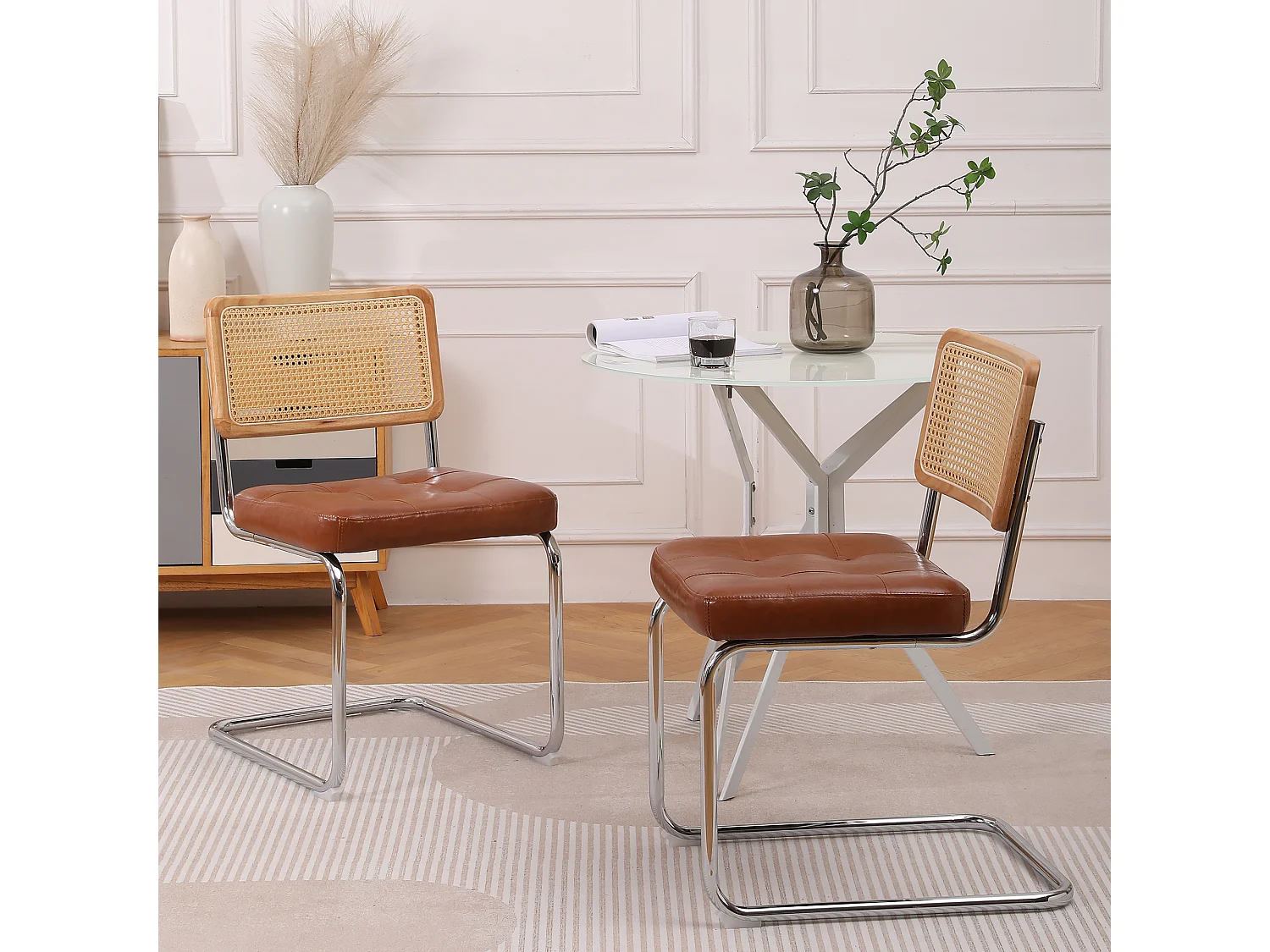 Lot de 2 chaises en rotin en simili cuir PU, pieds en métal - Marron