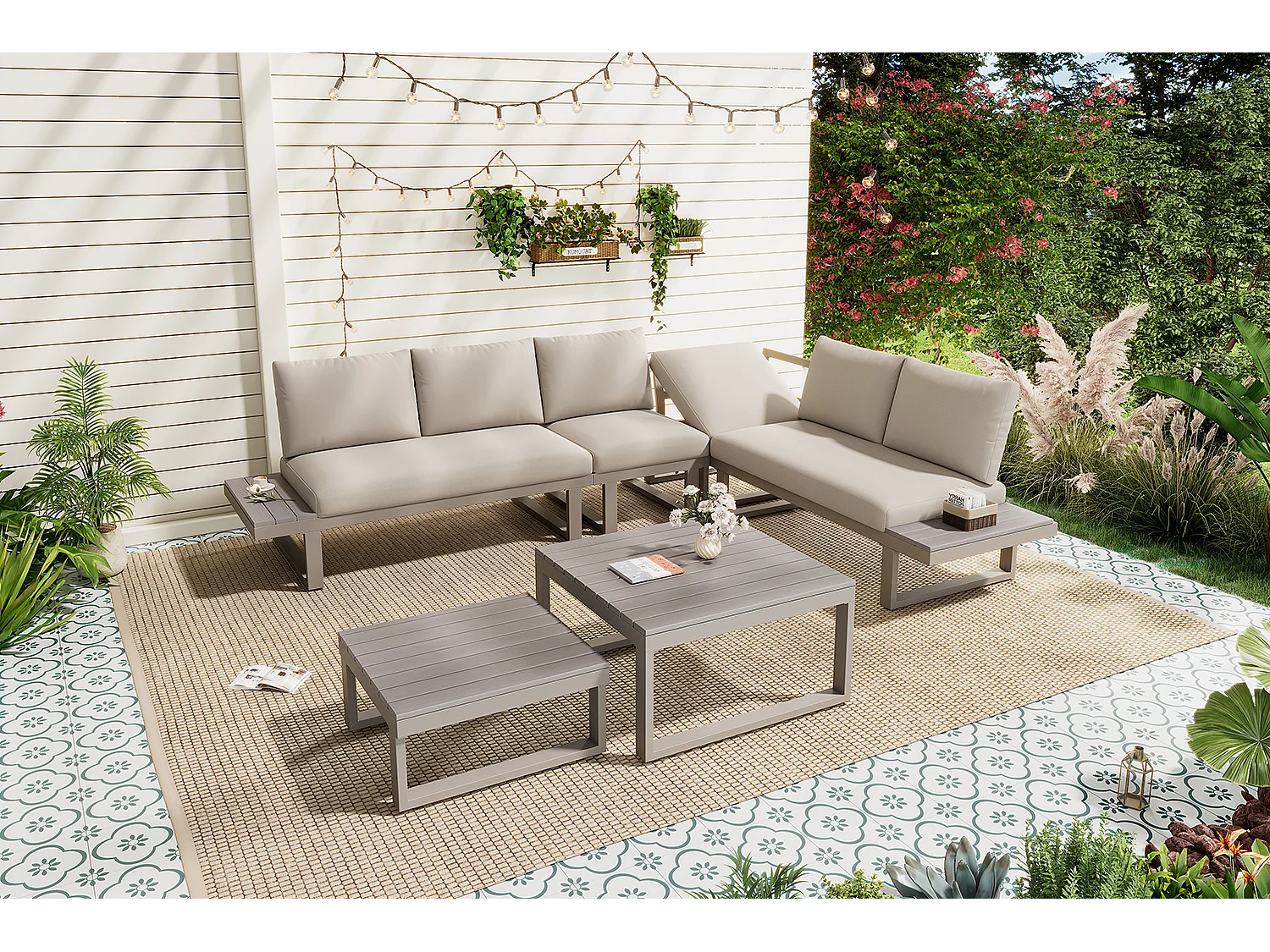 Conjunto modular de mobiliário de jardim com 5 posições de reclinação até 55° - 2 mesas e sofás - Caqui