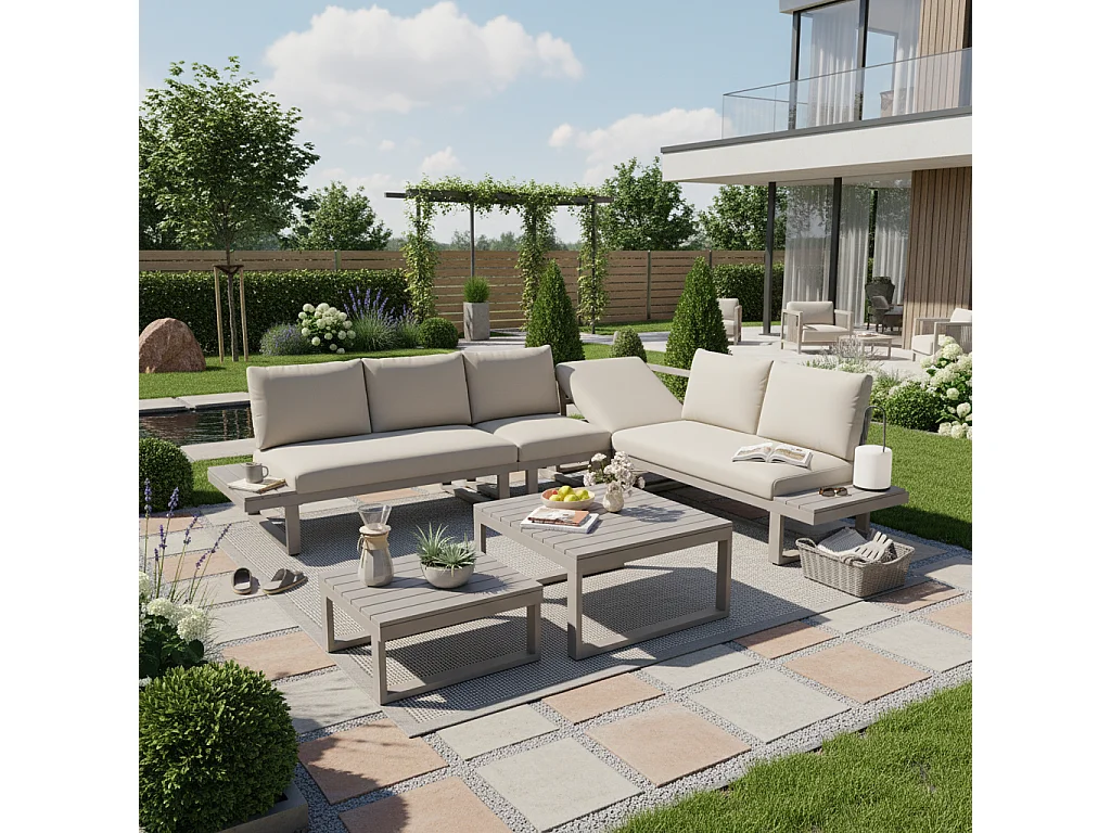 Conjunto modular de mobiliário de jardim com 5 posições de reclinação até 55° - 2 mesas e sofás - Caqui