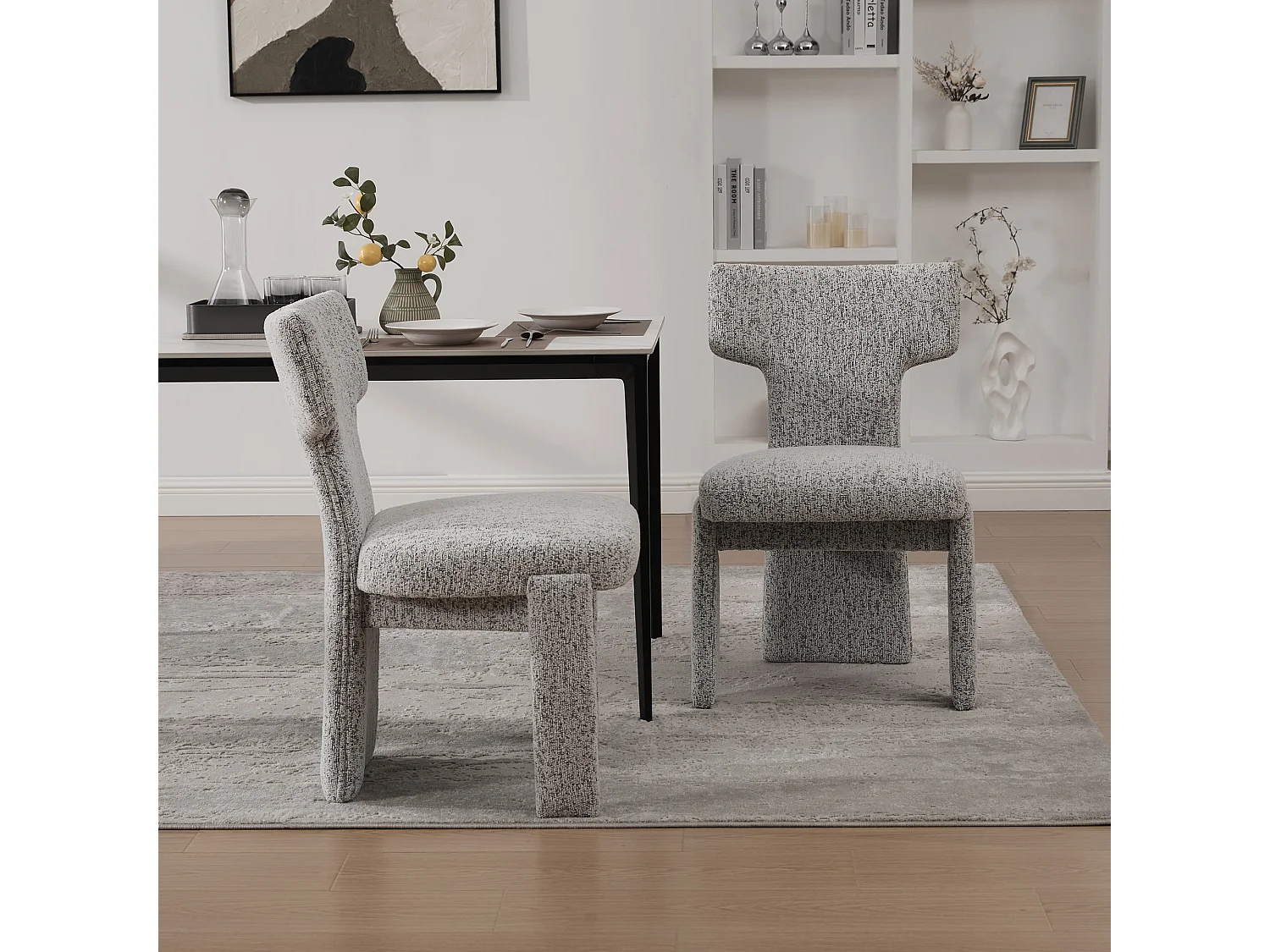 Lot de 2 chaises en chenille avec pieds en hévéa - Blanc et noir