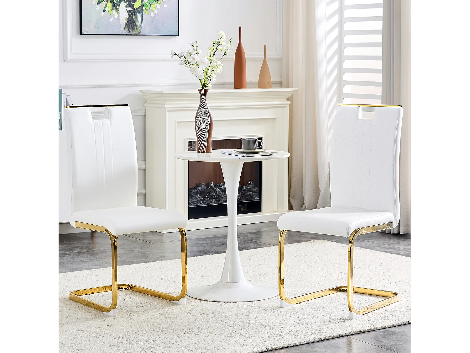 Lot de 2 Chaises blanche en simili cuir PU et cadre en métal doré