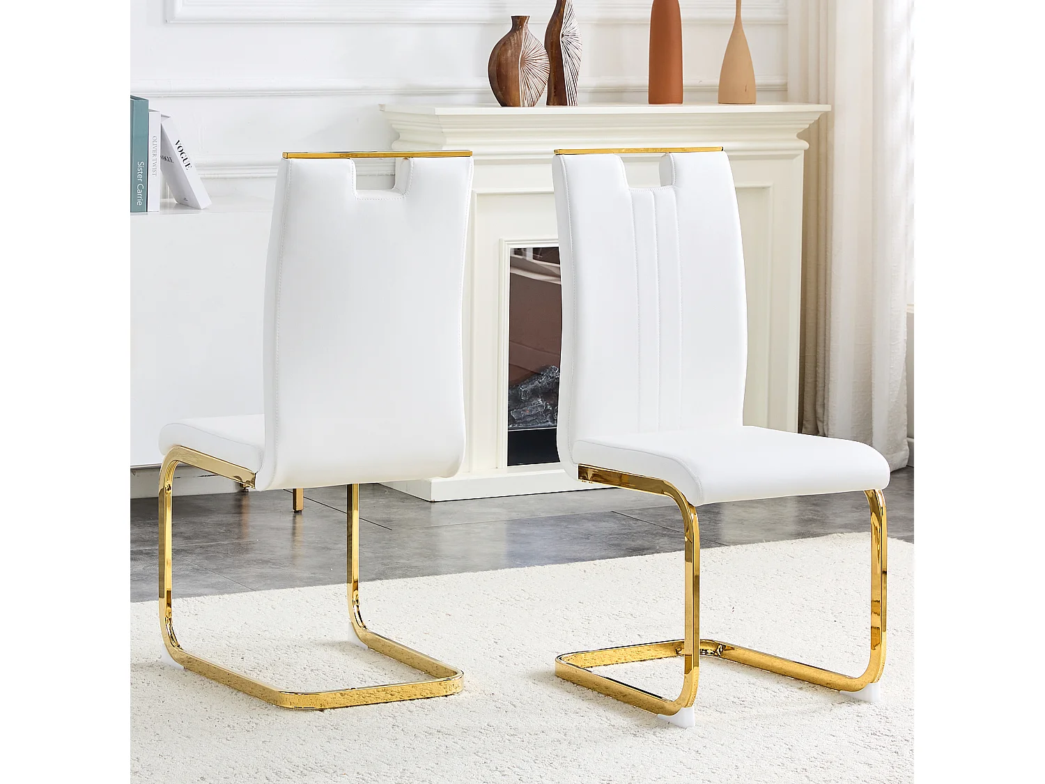 Lot de 2 Chaises blanche en simili cuir PU et cadre en métal doré