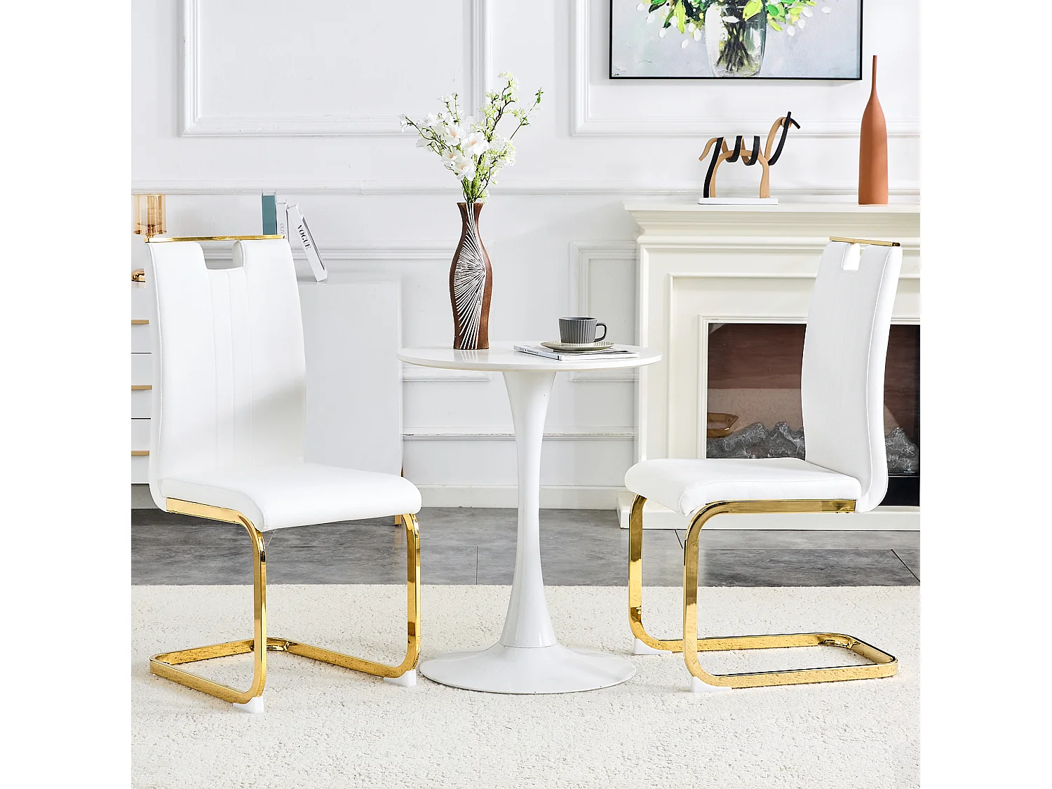 Lot de 2 Chaises blanche en simili cuir PU et cadre en métal doré