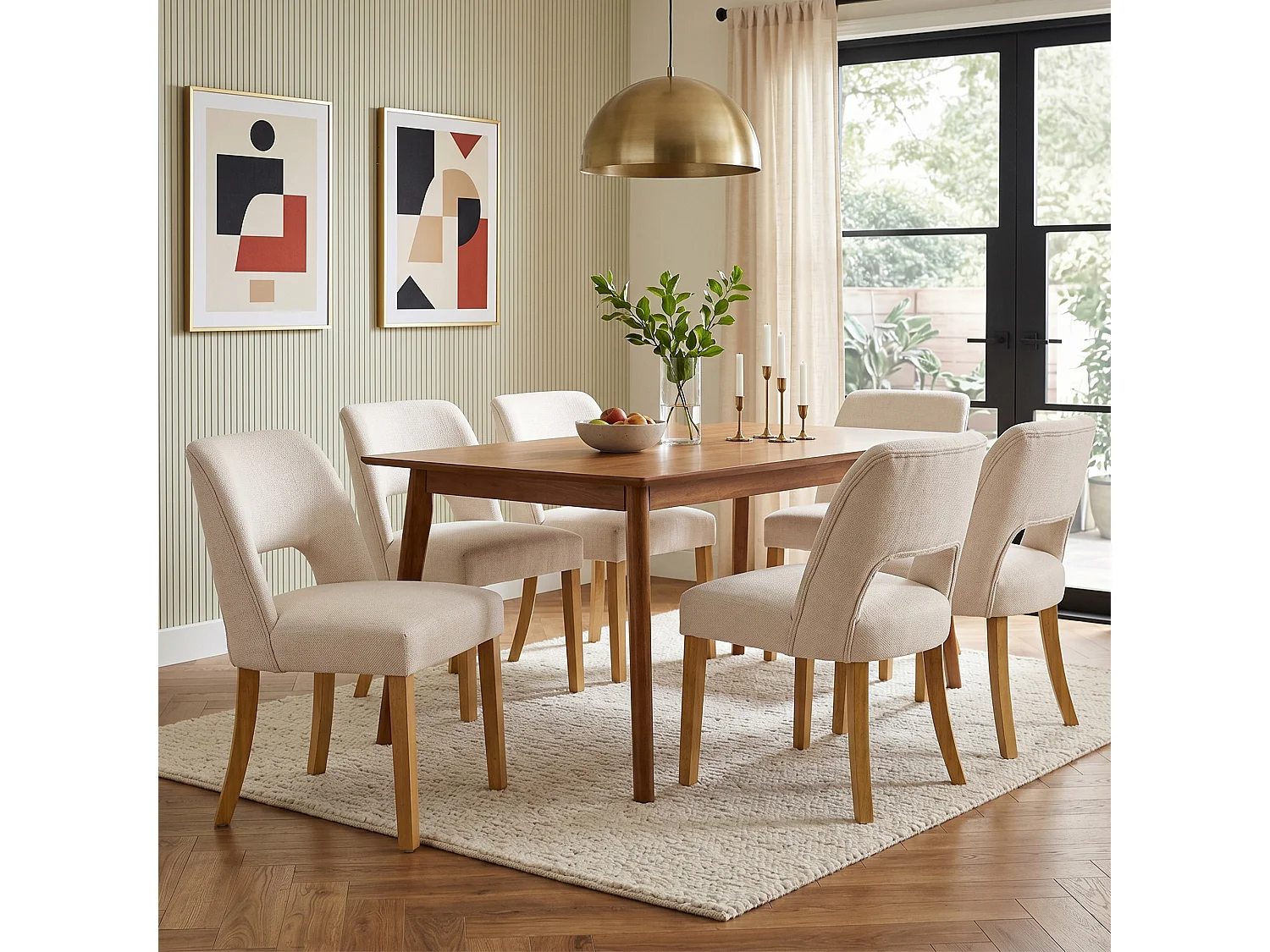 Set van 6 moderne eetkamerstoelen - Comfortabel en ademend - Linnen stof - Poten van massief hout - Beige