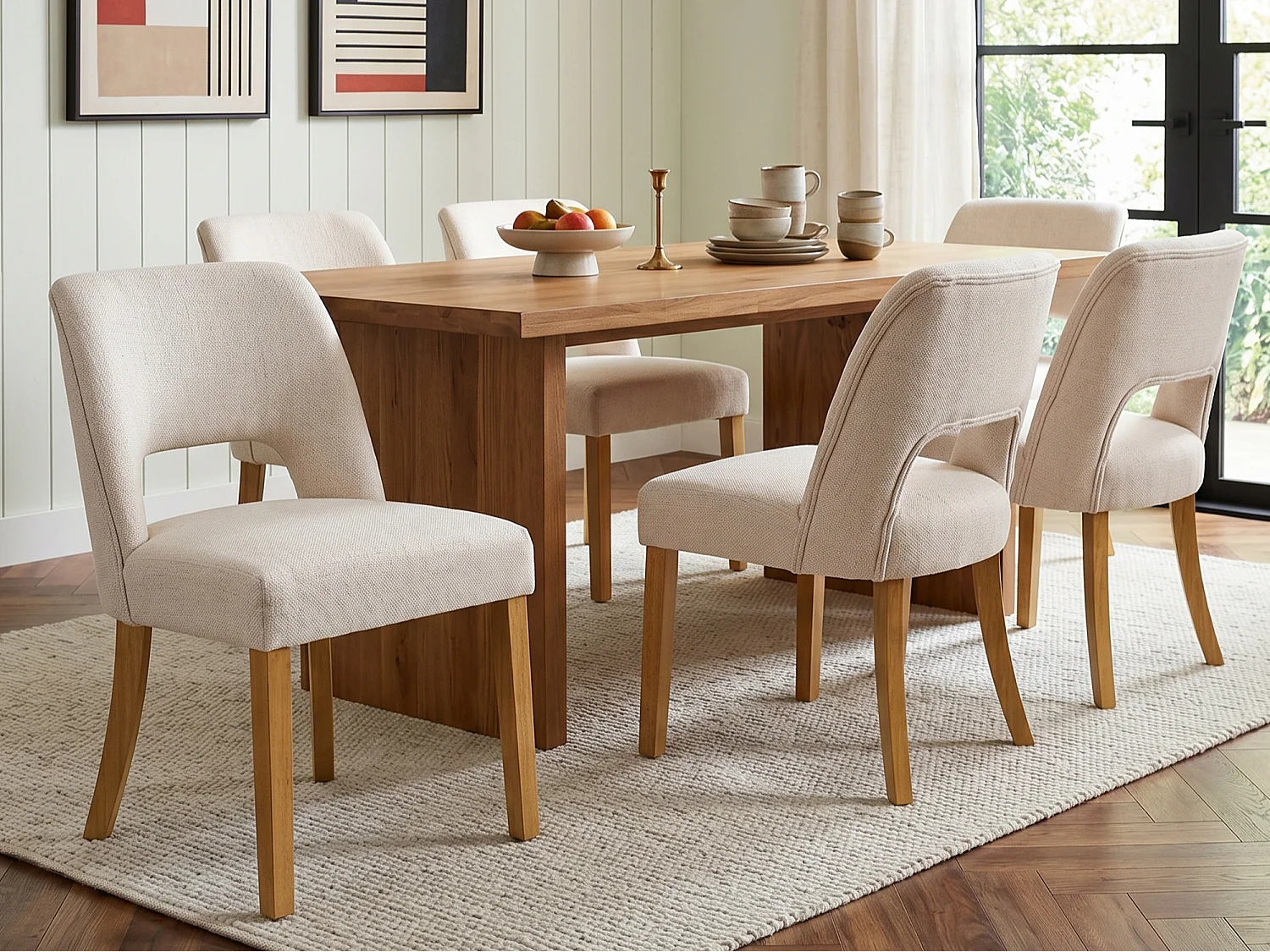 Set van 6 moderne eetkamerstoelen - Comfortabel en ademend - Linnen stof - Poten van massief hout - Beige
