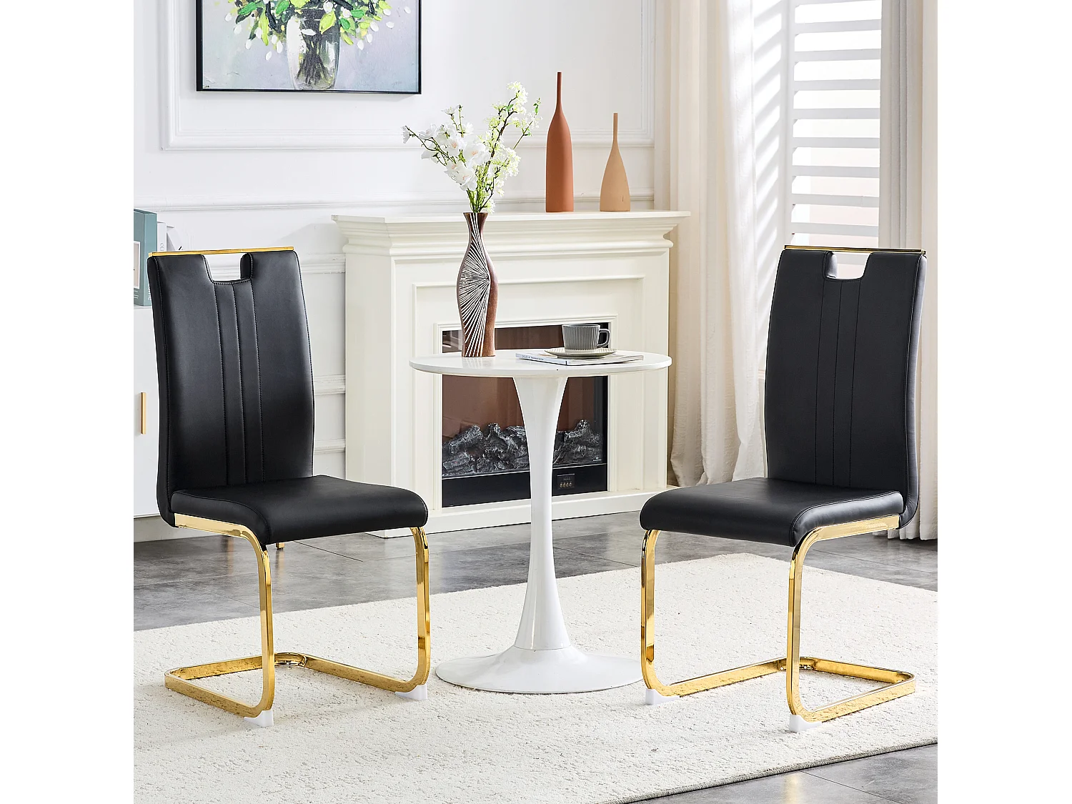 Lot de 2 Chaises noire en simili cuir PU et cadre en métal doré