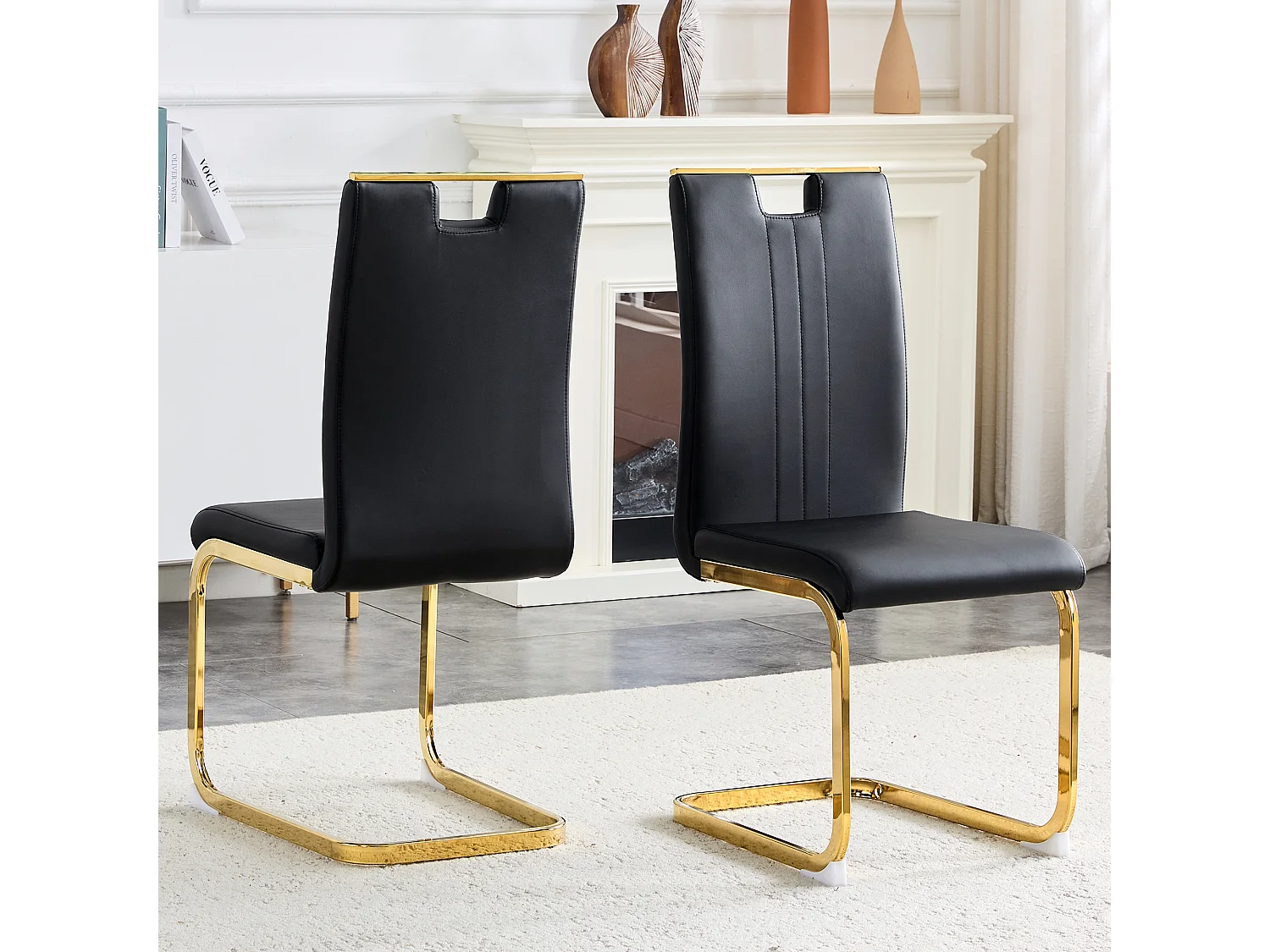 Lot de 2 Chaises noire en simili cuir PU et cadre en métal doré