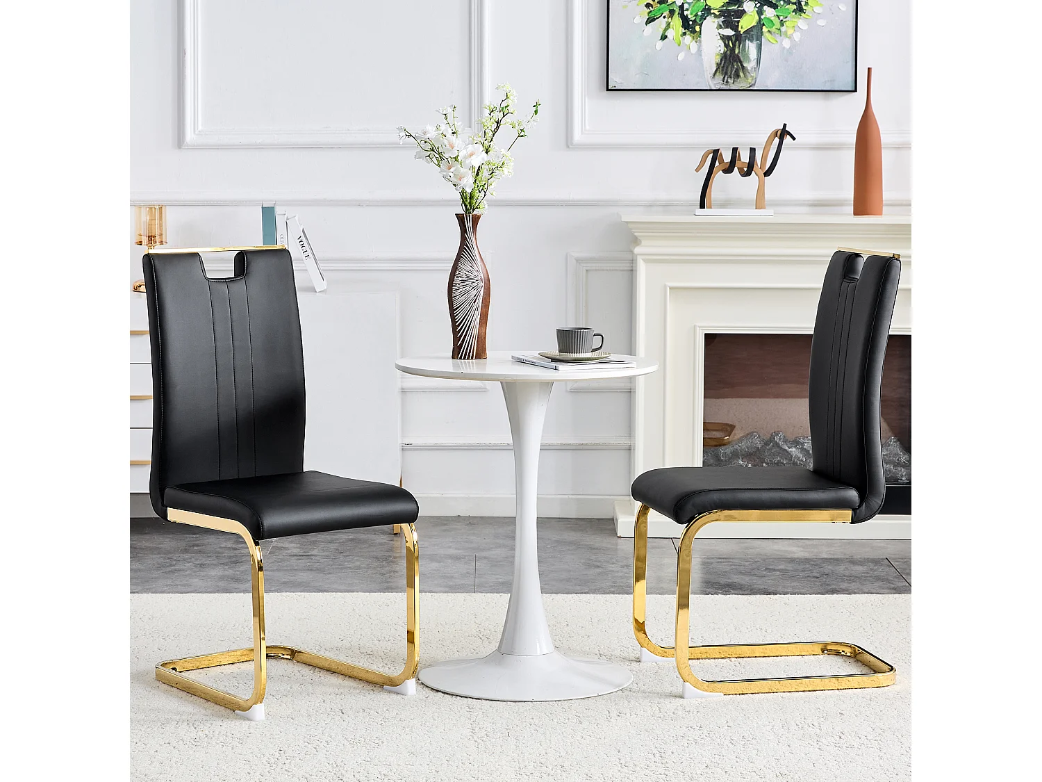 Lot de 2 Chaises noire en simili cuir PU et cadre en métal doré