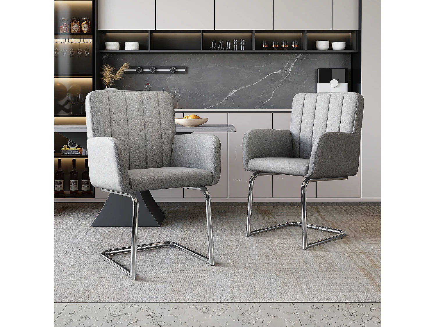 Lot de 2 chaises de salle à manger - 56 x 57 x 86 cm - fauteuil rembourré - pieds en métal - cuir PU - gris