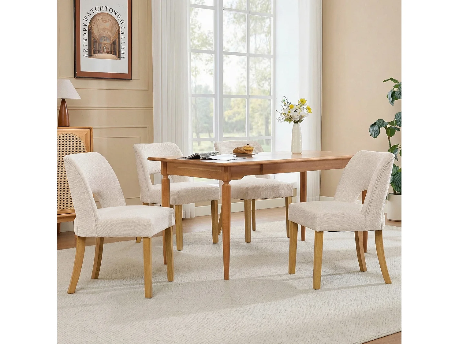 Set van 4 moderne eetkamerstoelen - Comfortabel en ademend - Linnen stof - Poten van massief hout - Beige