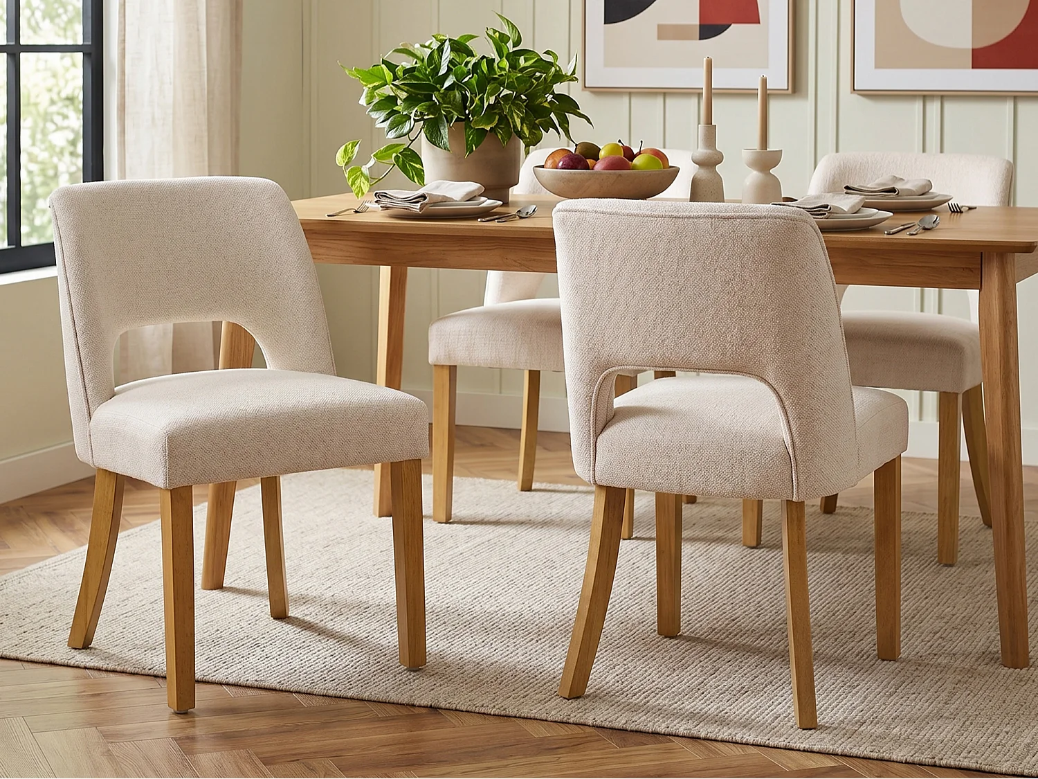 Set van 4 moderne eetkamerstoelen - Comfortabel en ademend - Linnen stof - Poten van massief hout - Beige
