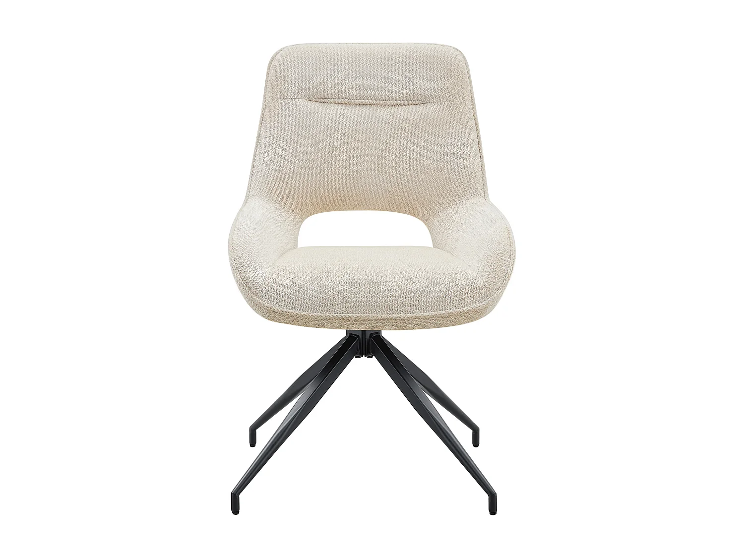 Set van 2 draaibare eetkamerstoelen in beige stof en zwart metaal.