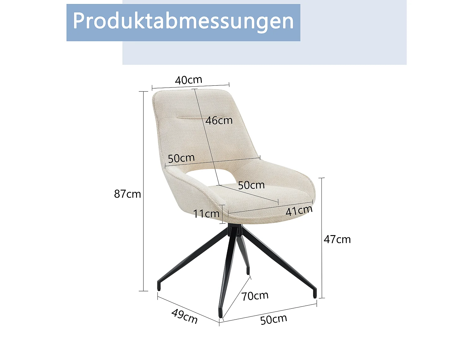 Set van 2 draaibare eetkamerstoelen in beige stof en zwart metaal.